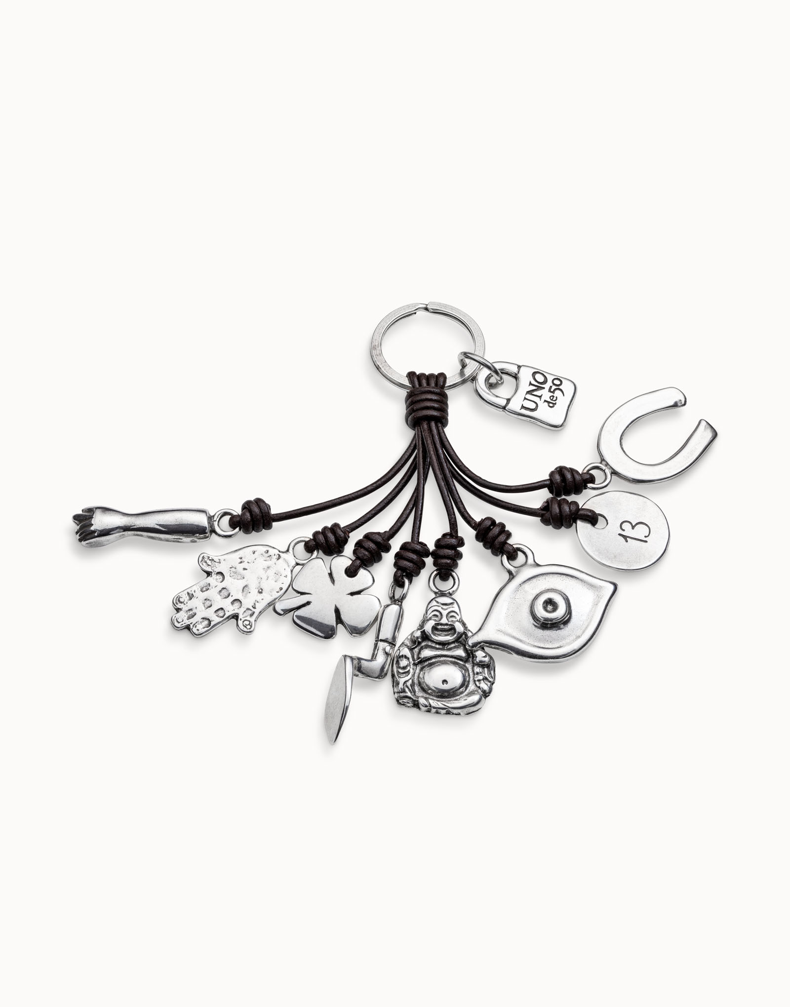 Leather key-ring and sterling silver-plated charms, Silver, large image number null