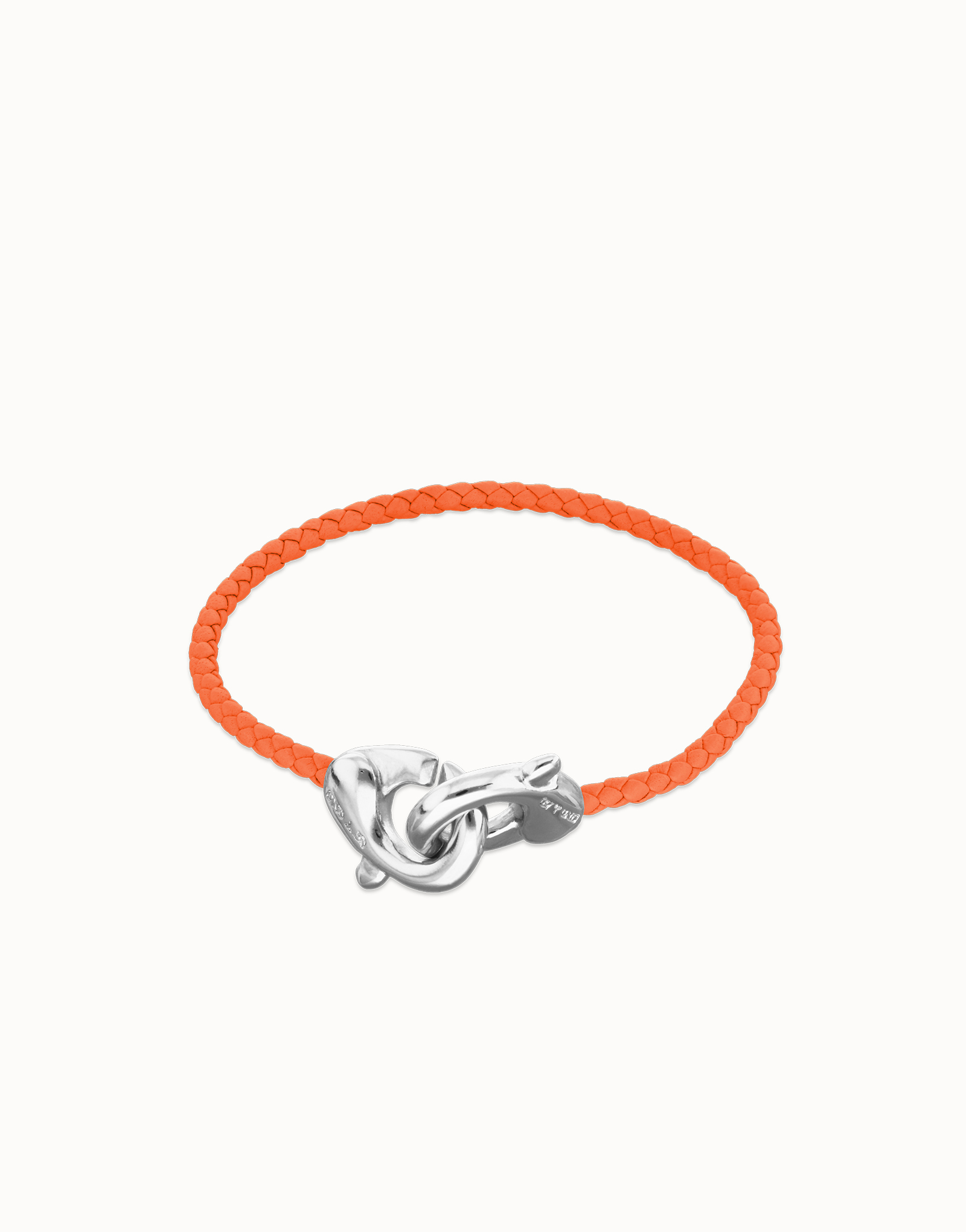 Pulsera de cuero naranja con mosquetón entrelazado en plata, Plateado, large thumbnail