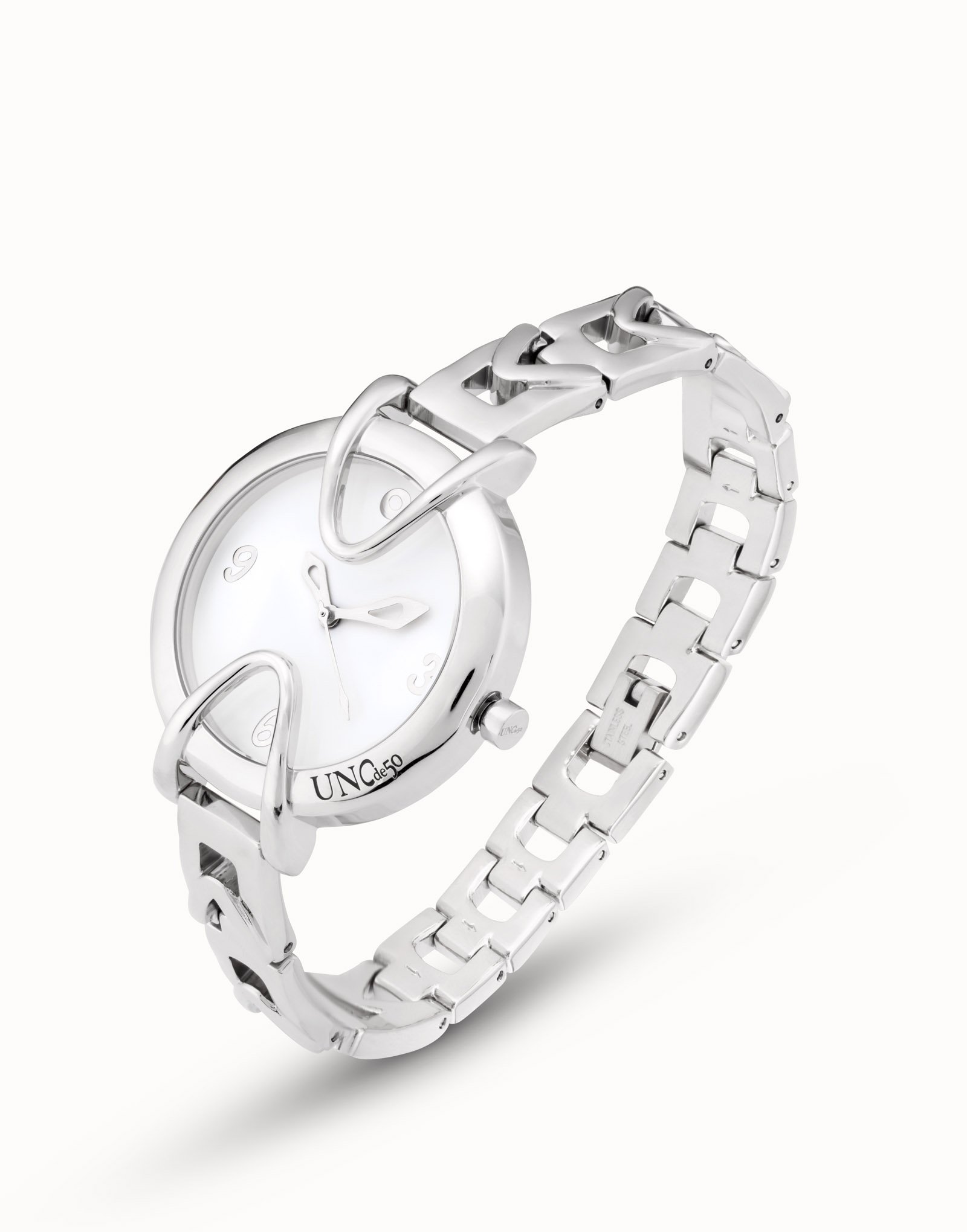 Montre plaquée argent avec bracelet métallique et sphère ronde avec intérieur de couleur blanche, Argent, large image number null