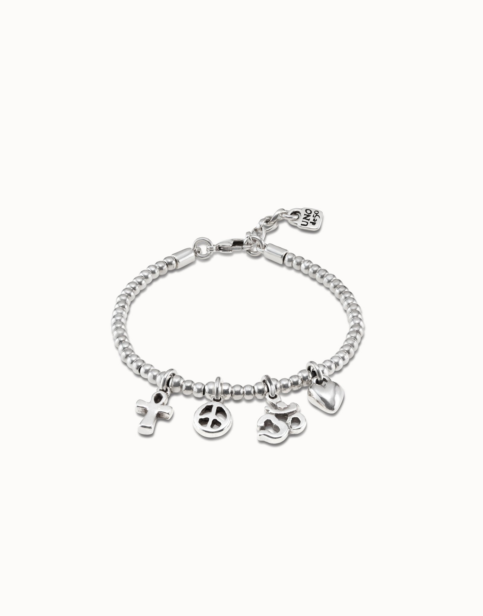 Sterling silver-plated bracelet with bead chain, 4 charms and carabiner clasp, , large image number null