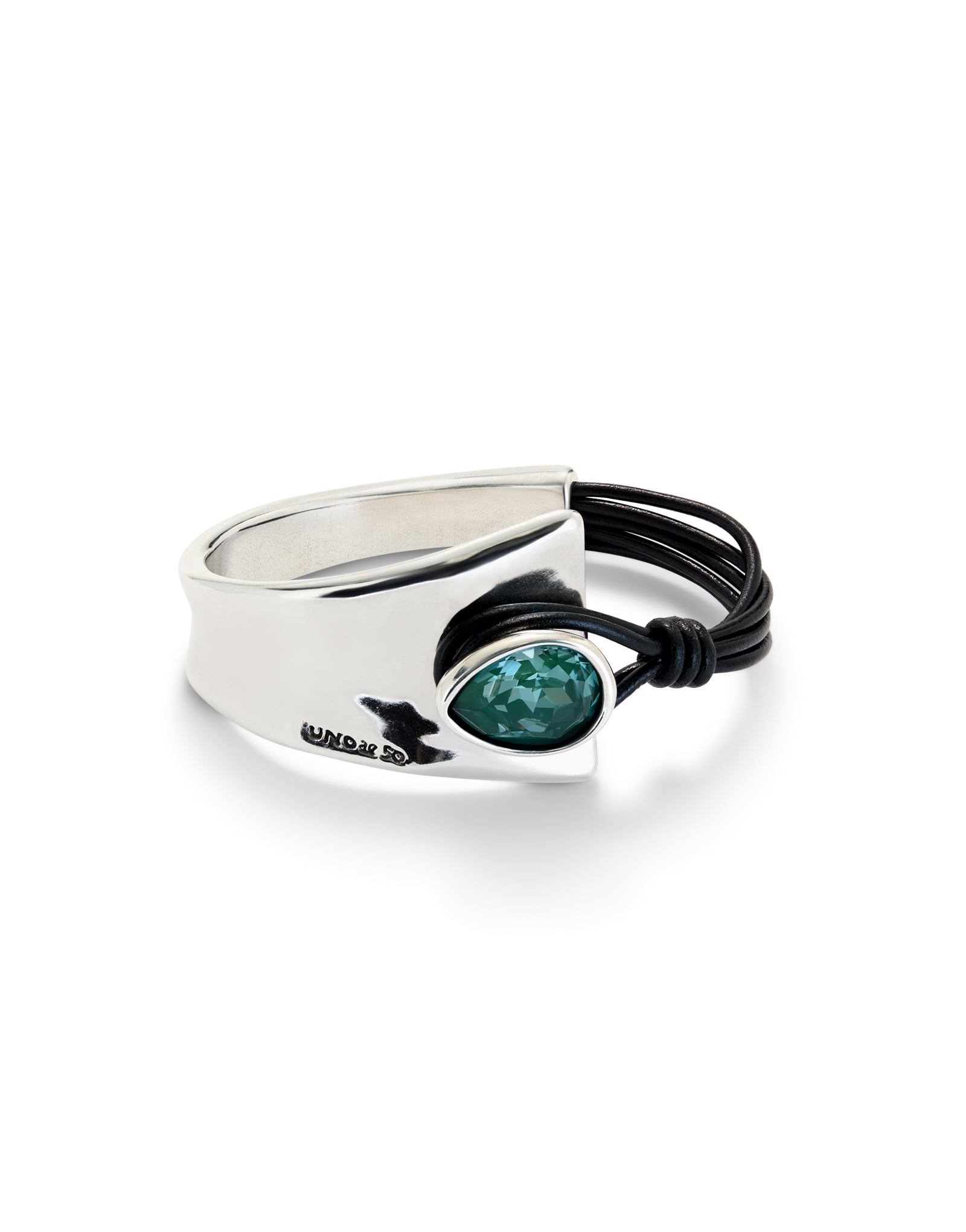 Silver semi-rigid bracelet with leather and a green drop-shaped faceted crystal