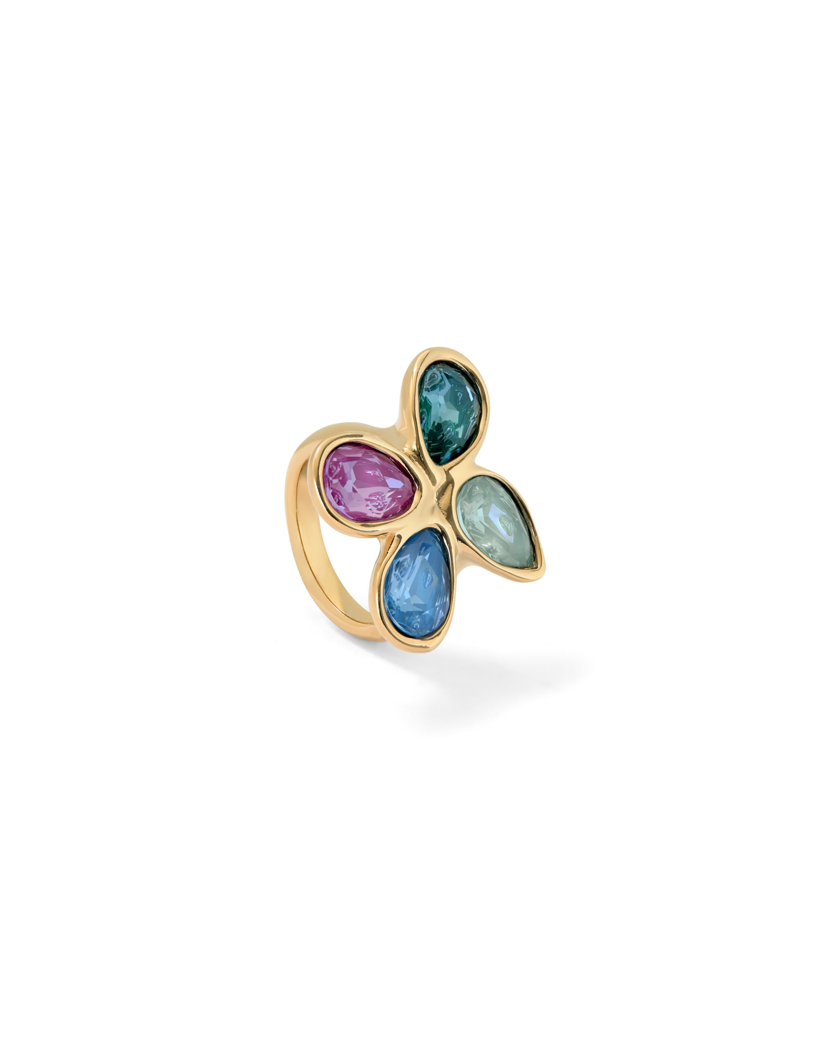 Ring with four multicoloured drop-shaped faceted crystals