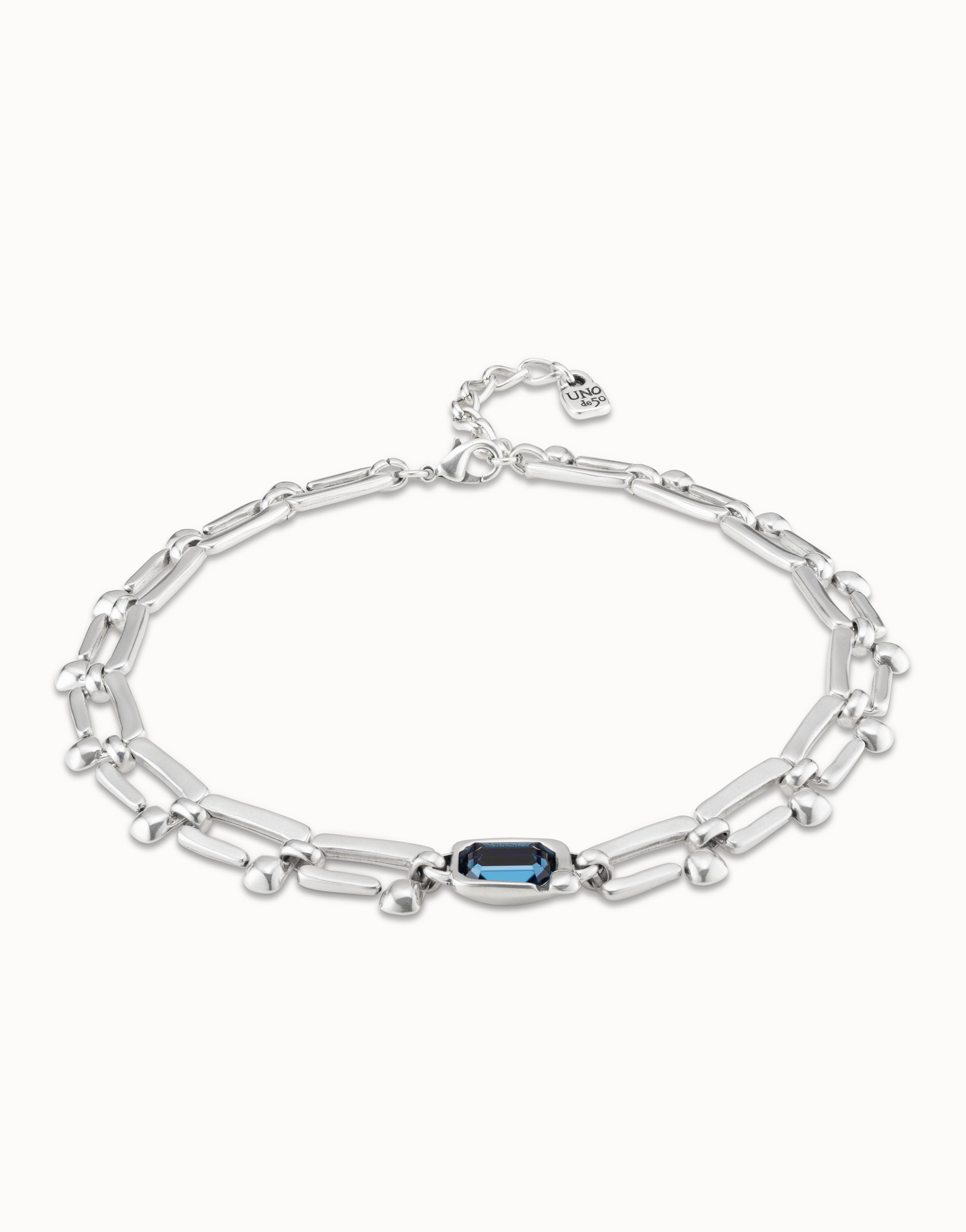 Collier court plaqué argent avec maillons rectangulaires en forme de clou et cristal bleu, Argent, large image number null