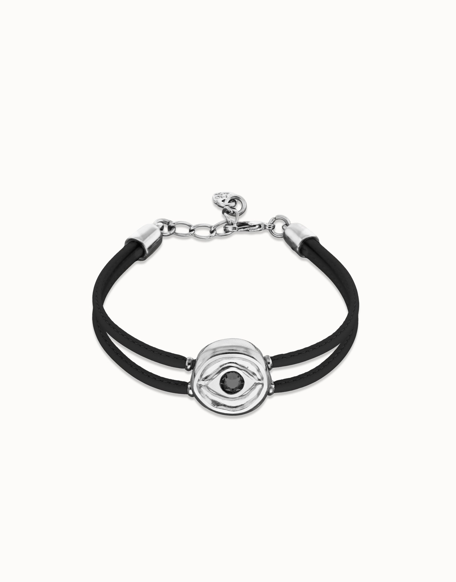 Double black leather birthstone bracelet with eye, Silver, large thumbnail