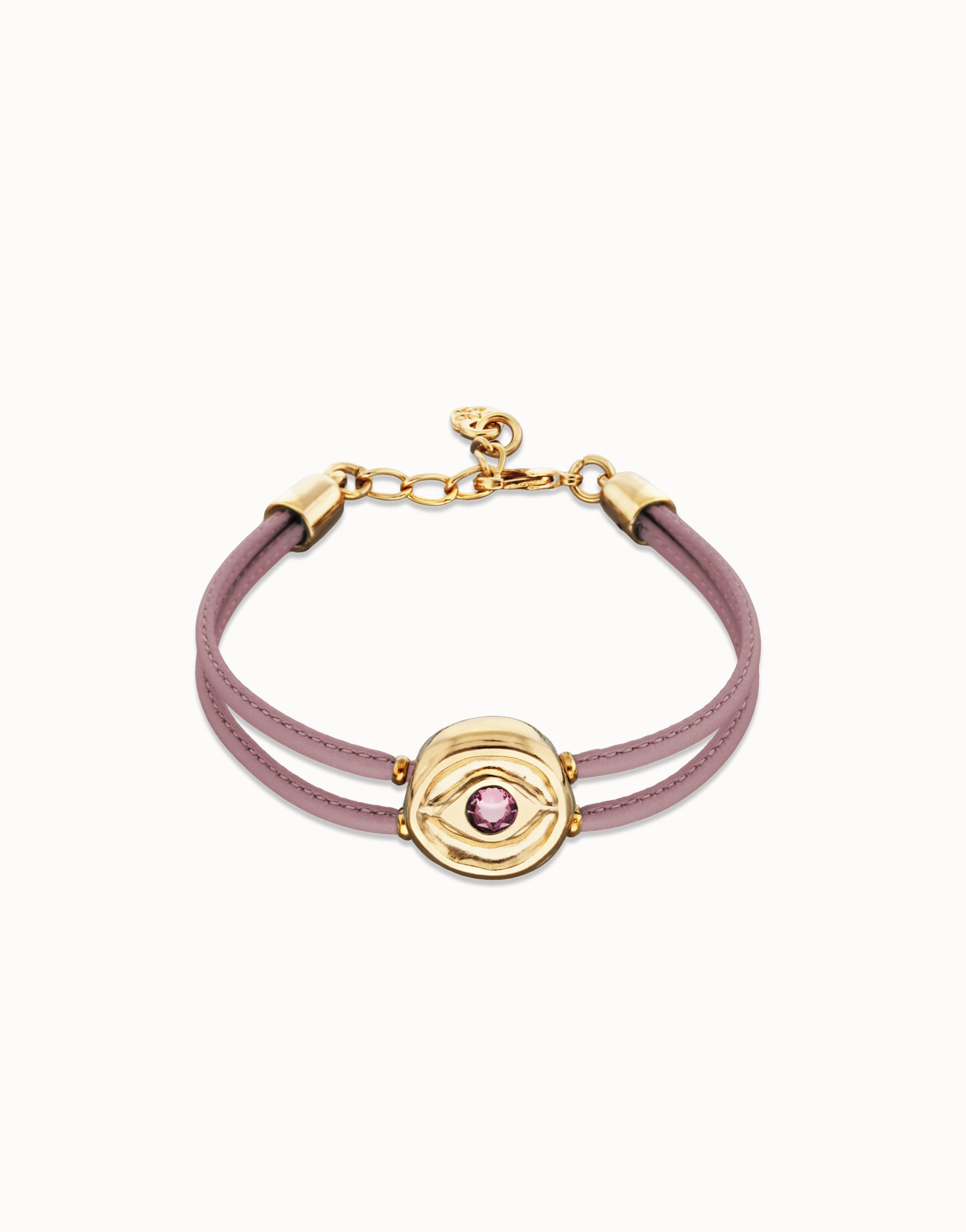 Pulsera doble de cuero  lila con ojo bañado en oro 18k, Dorado, large thumbnail