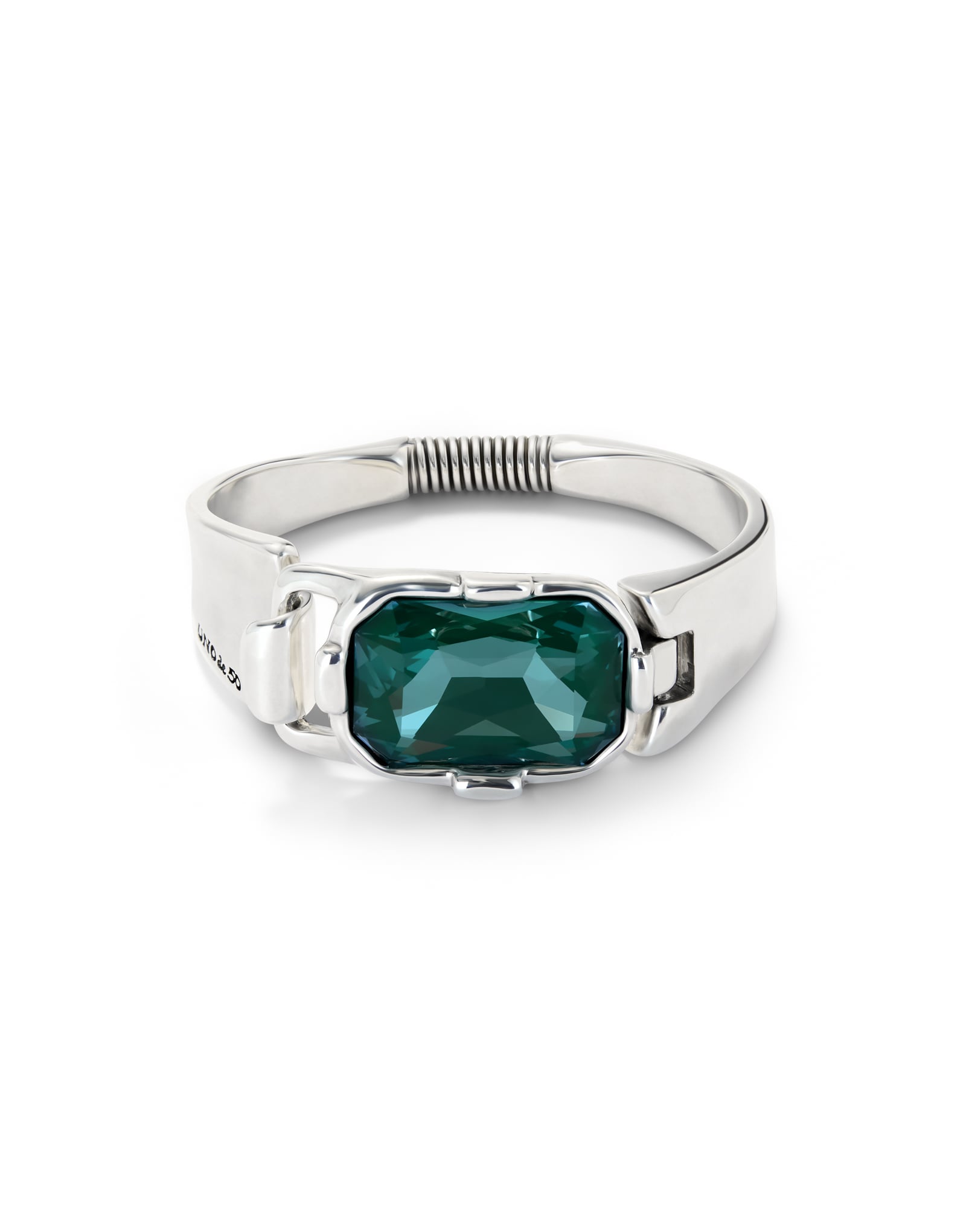 Rigid bracelet with a rectangular green faceted crystal