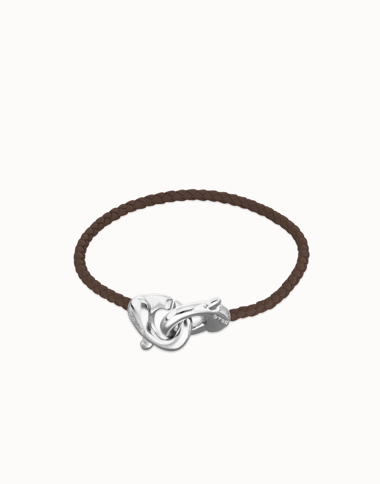 Brown leather bracelet with interlocking carabiner, Silver, large thumbnail