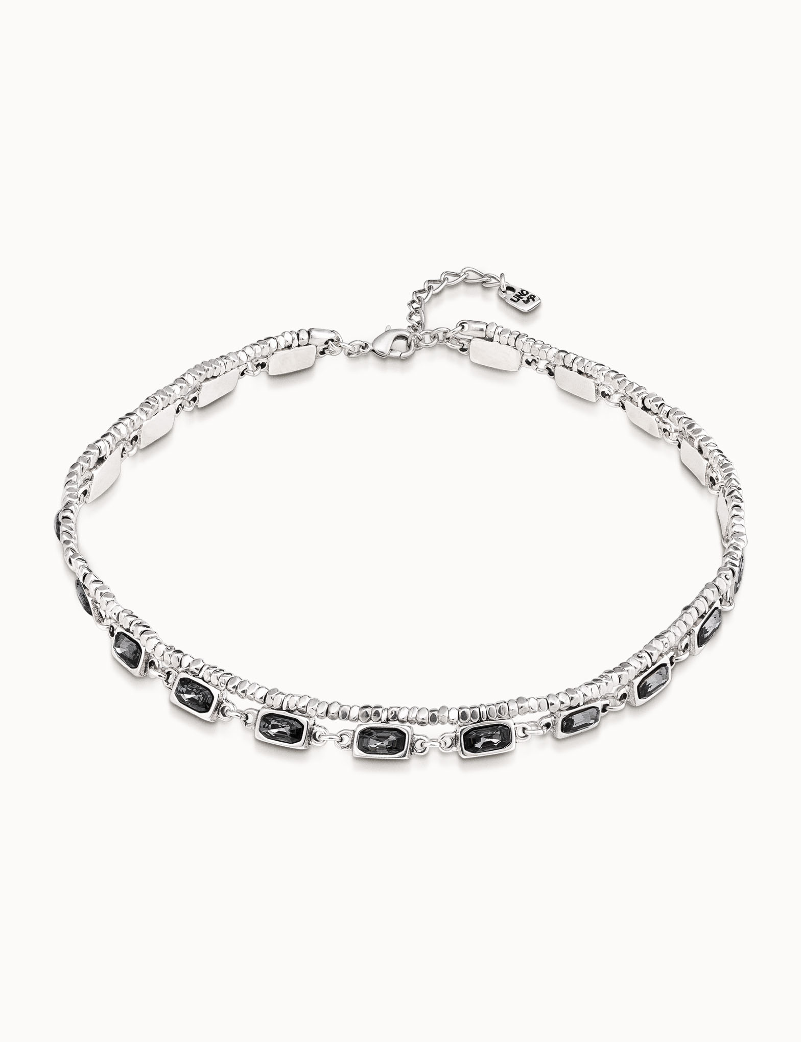 Sterling silver-plated necklace with lateral strip of small squares and 22 cases with gray crystals, Silver, large image number null