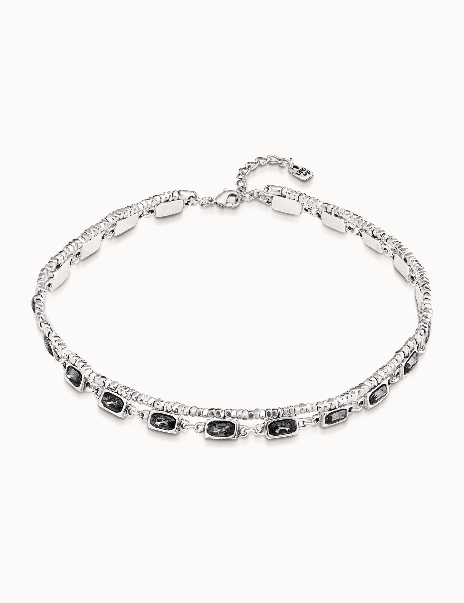 Collier plaqué argent avec bande latérale de petits carrés et 22 boîtes avec cristaux gris, Argent, large image number null