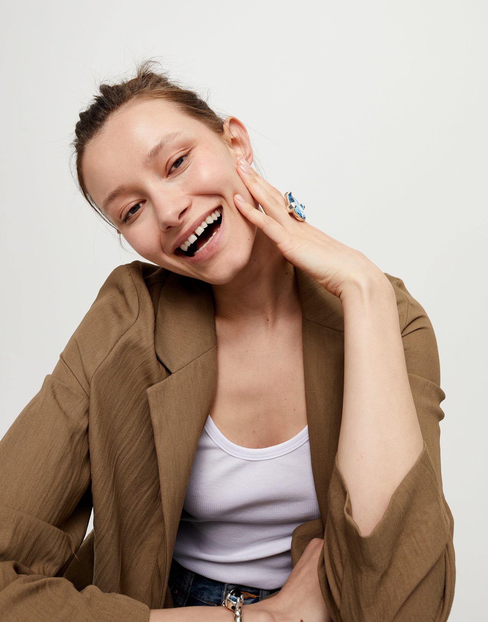 Large ring with blue oval faceted crystal, Silver, large thumbnail