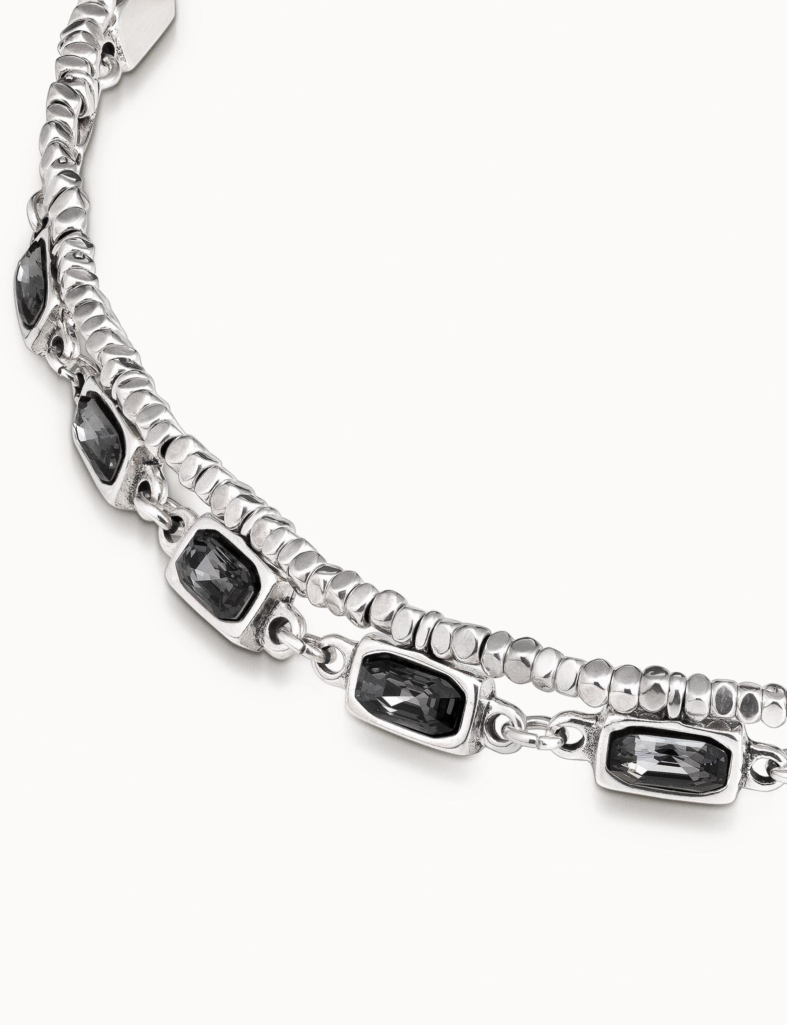 Sterling silver-plated necklace with lateral strip of small squares and 22 cases with gray crystals, Silver, large image number null