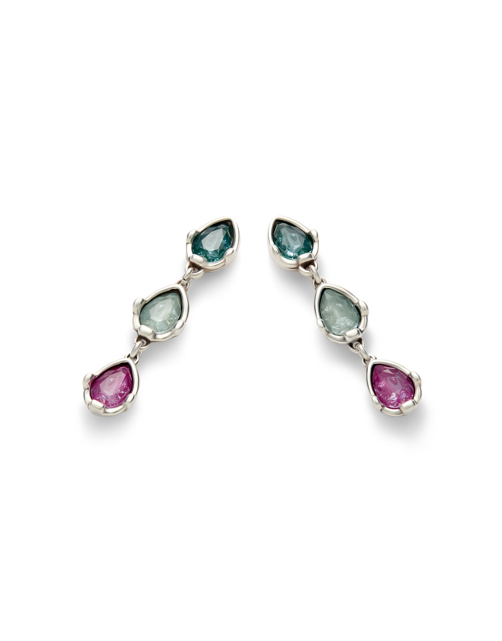 Long earrings with three multicoloured drop-shaped faceted crystals