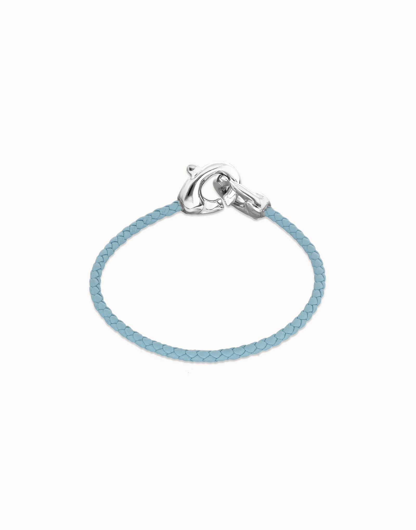 Pulsera de cuero azul con mosquetón entrelazado en plata, Plateado, large thumbnail