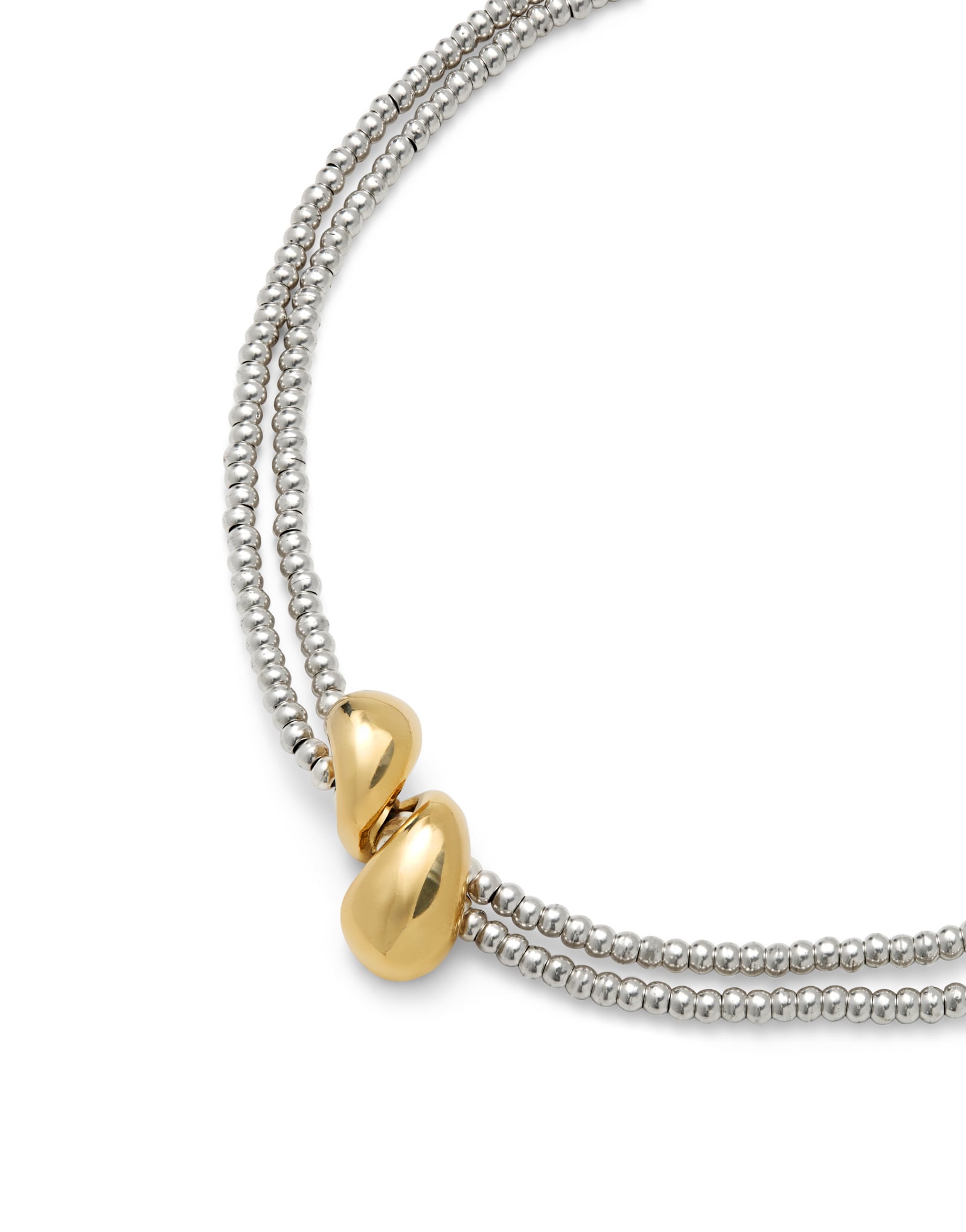 Multi-strand necklace with two intertwined drops