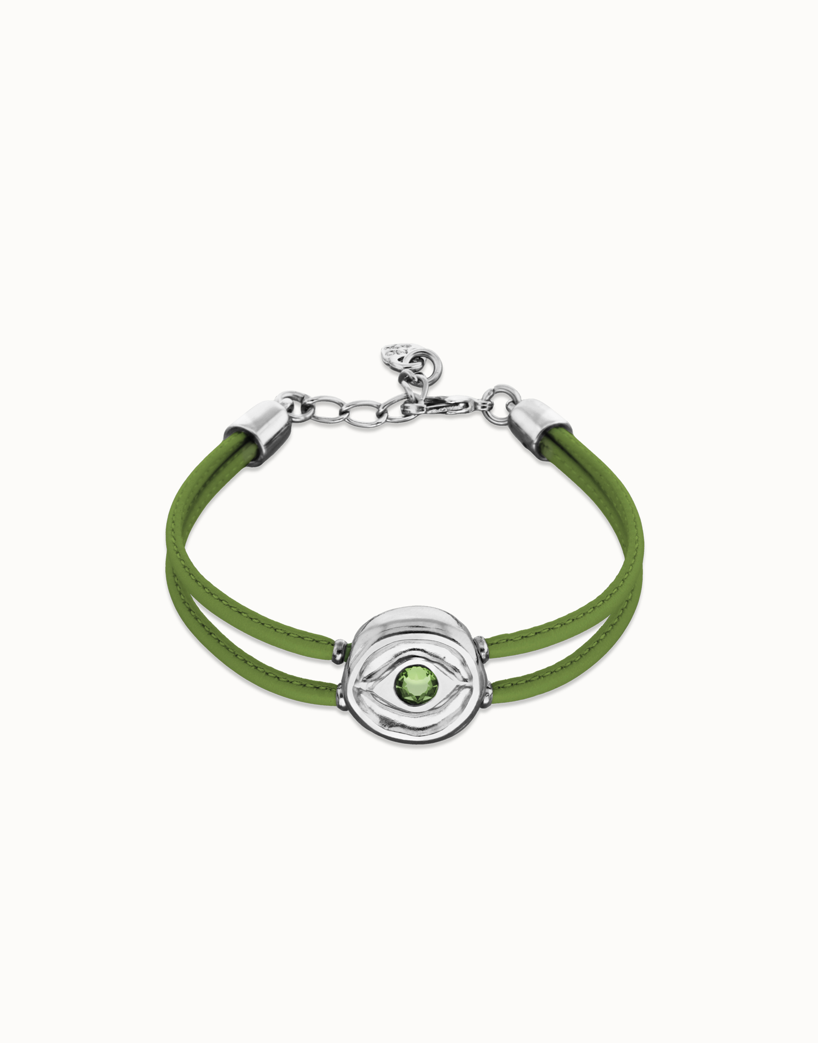 Pulsera doble de cuero verde con ojo bañado en plata de ley, Plateado, large thumbnail