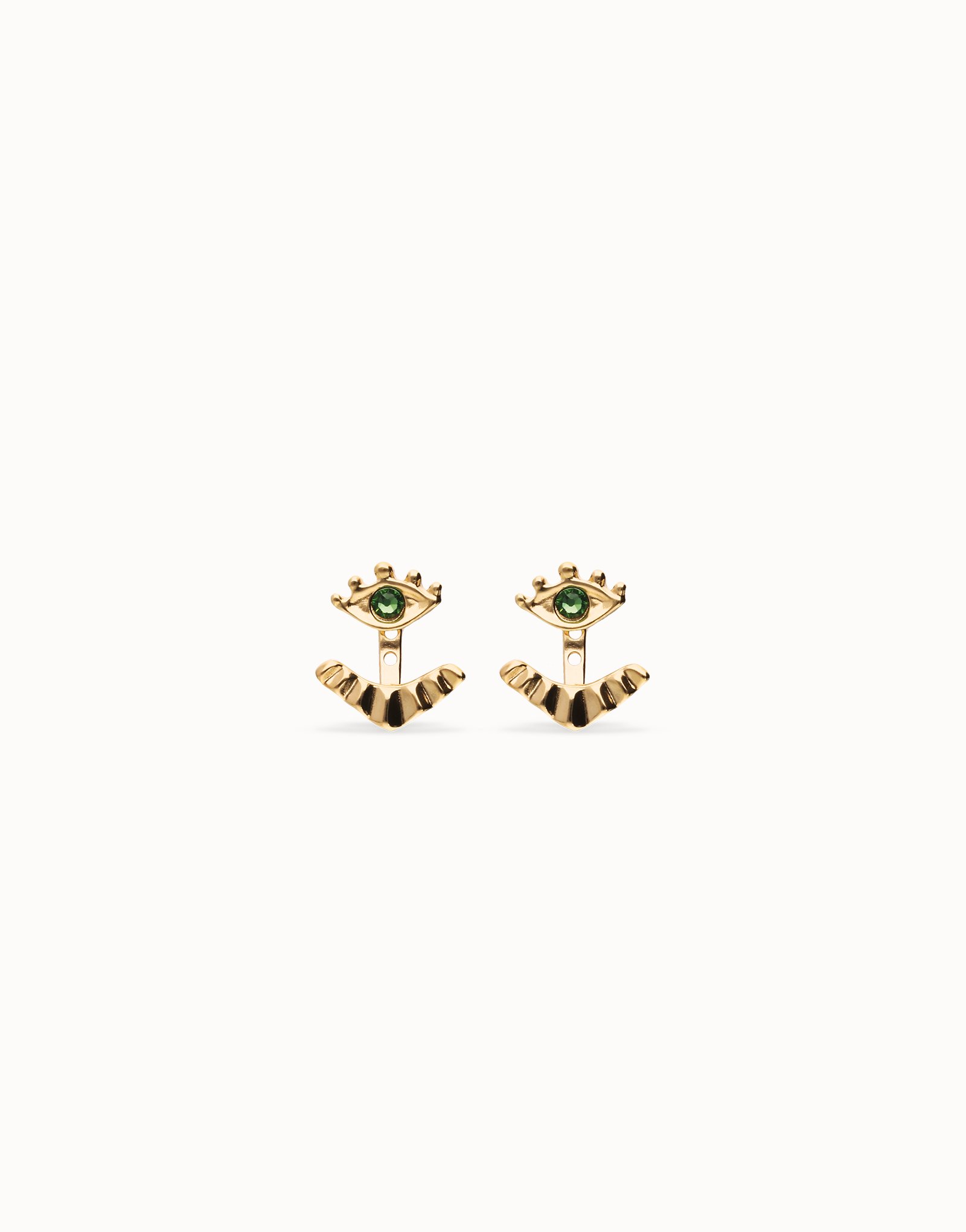 Pendientes bañados en oro 18k en forma de ojo con pestañas y cristal facetado verde, Dorado, large thumbnail