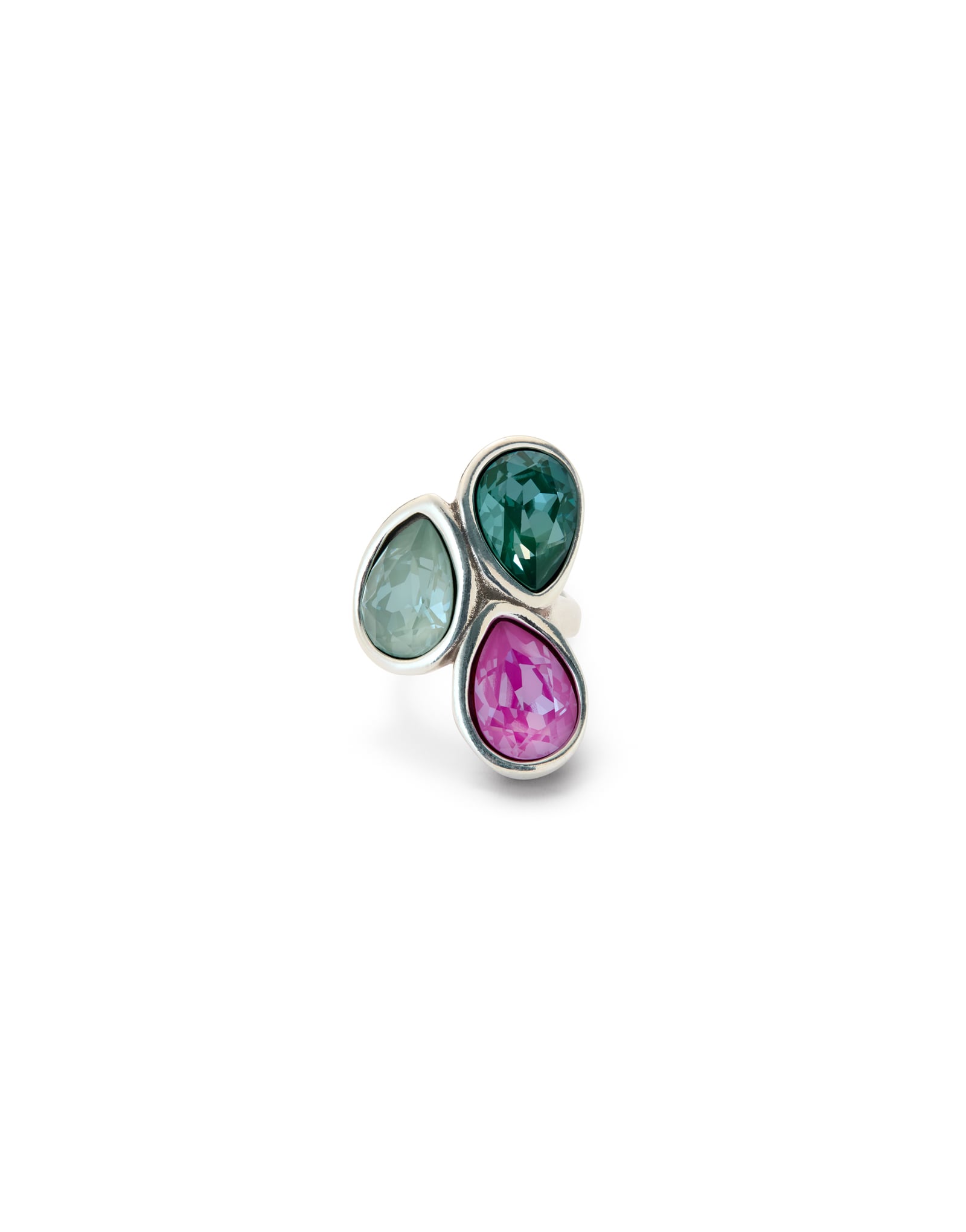 Ring with three multicoloured drop-shaped faceted crystals