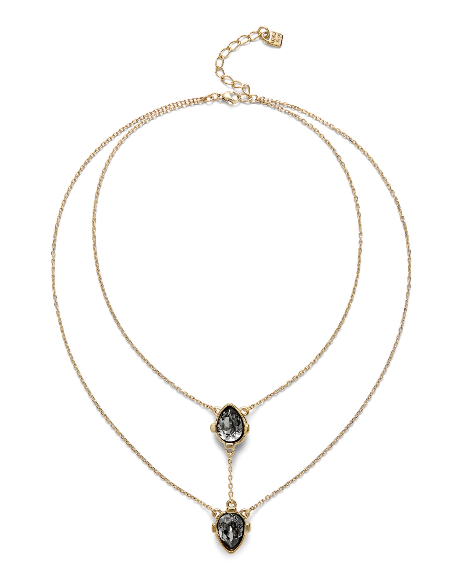 Double necklace with two drop-shaped pendants featuring grey faceted crystals