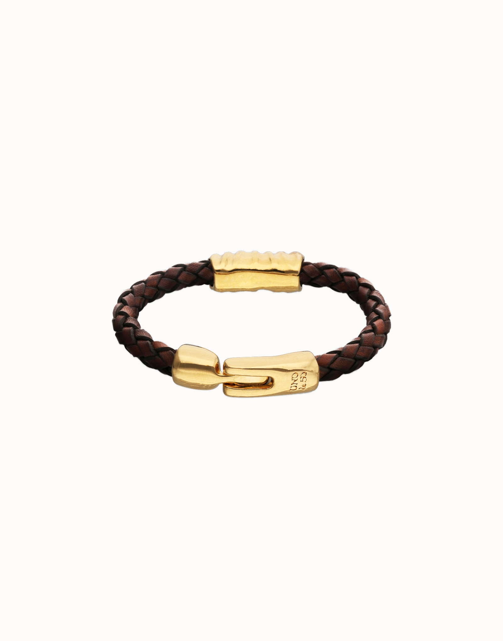 Brown braided leather bracelet with a metal detail, Golden, large thumbnail