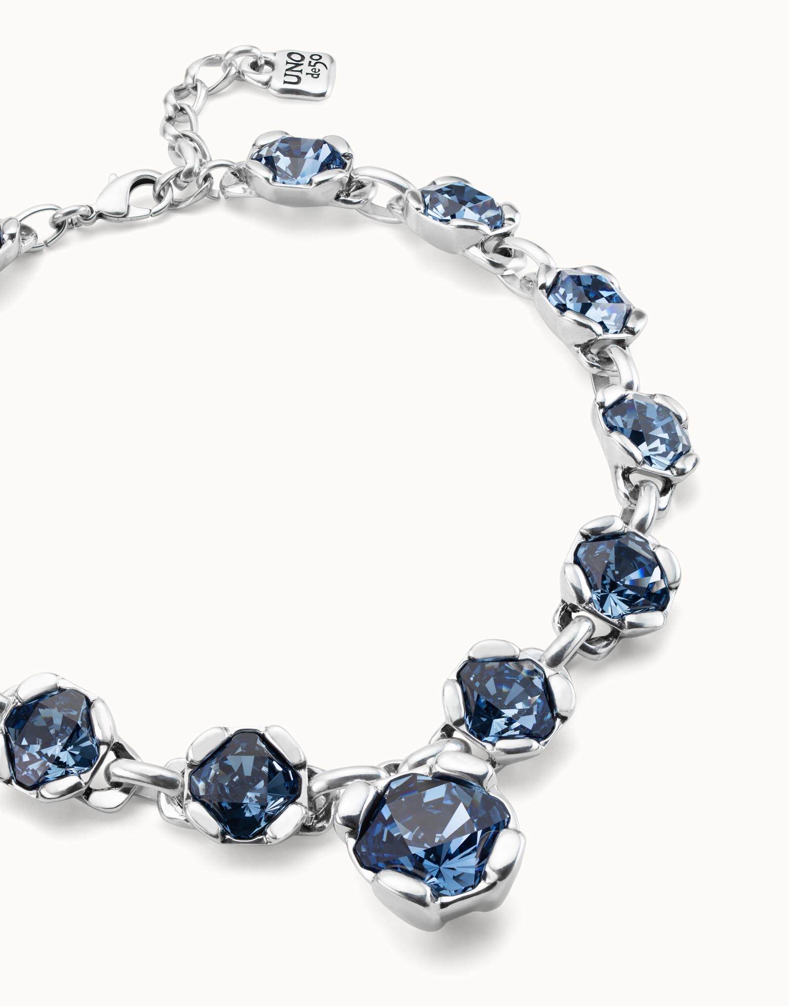 Sterling silver-plated necklace with 12 faceted blue crystals., Silver, large image number null