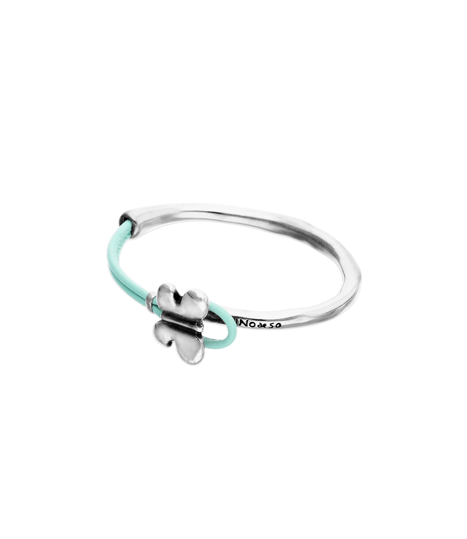 Pulsera combinada en cuero turquesa y plata de ley con adorno de mariposa