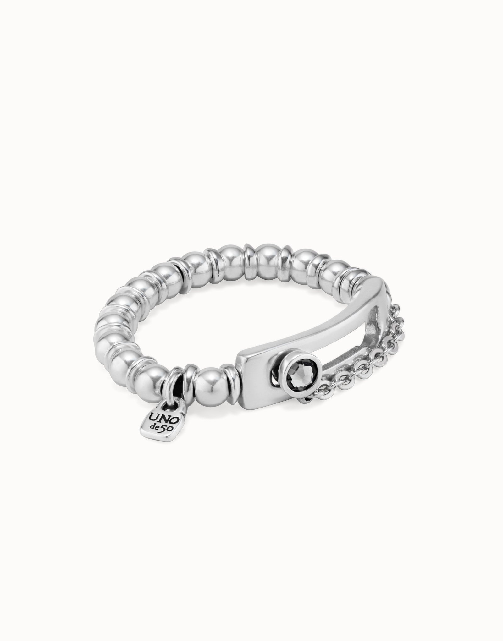 Bracelet élastique plaqué argent avec boules et un maillon central avec cristal, Argent, large image number null