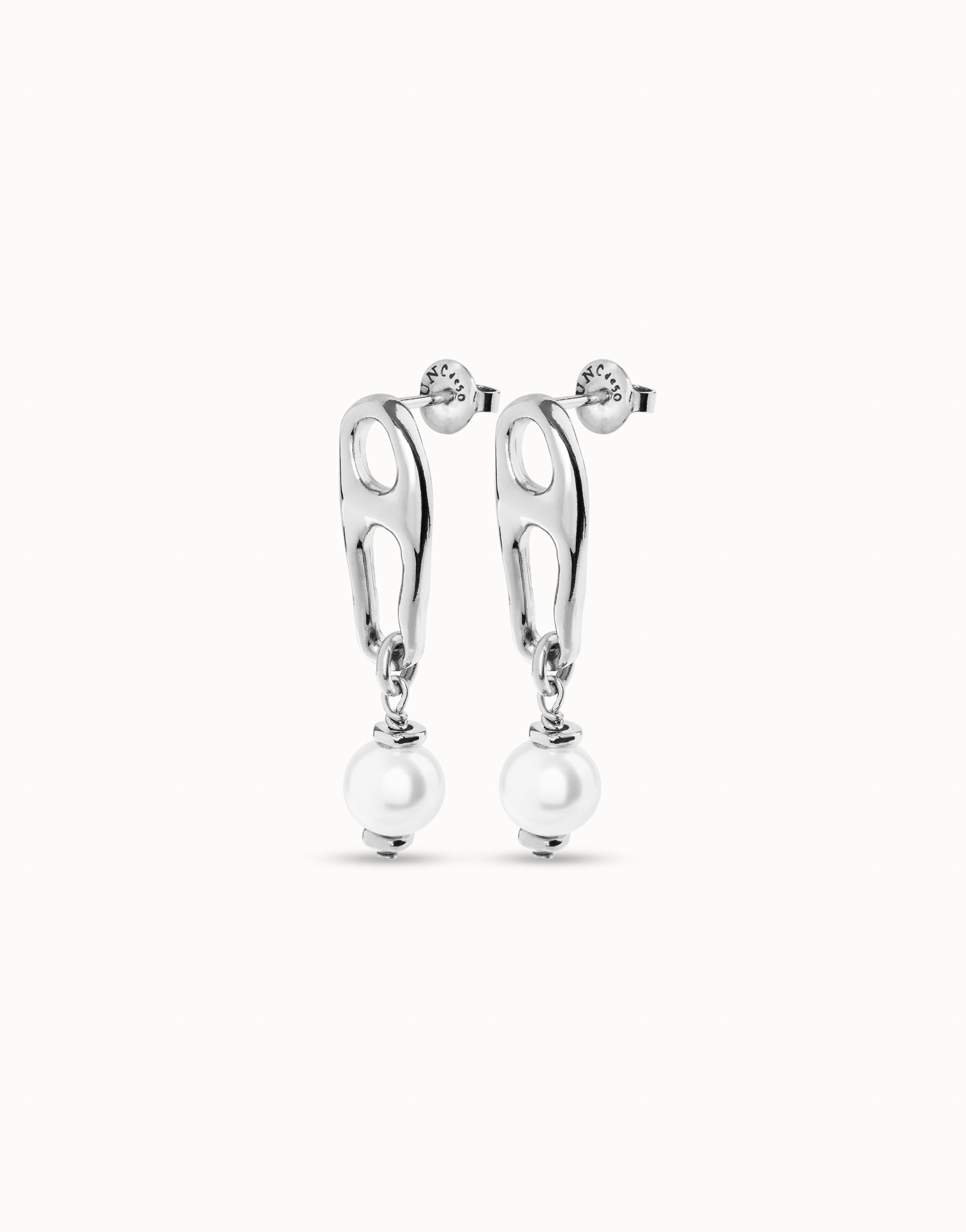 Boucles d’oreilles plaquées argent avec maillon et perle, Argent, large image number null