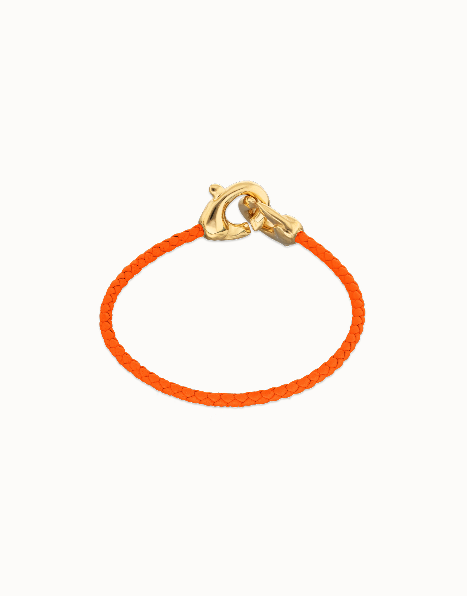 Orange leather bracelet with interlocking carabiner, Golden, large thumbnail