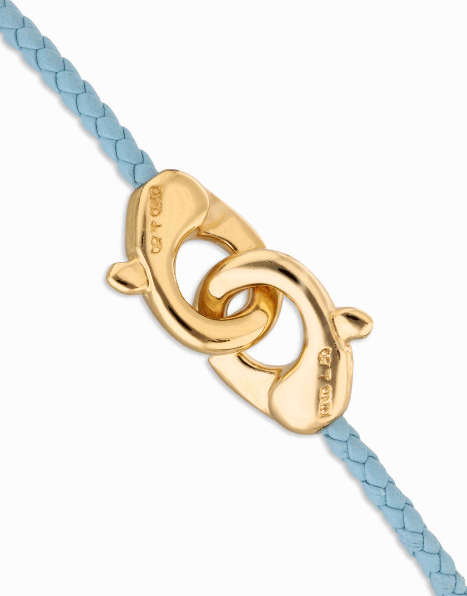 Pulsera de cuero azul con mosquetón entrelazado en oro, Dorado, large thumbnail