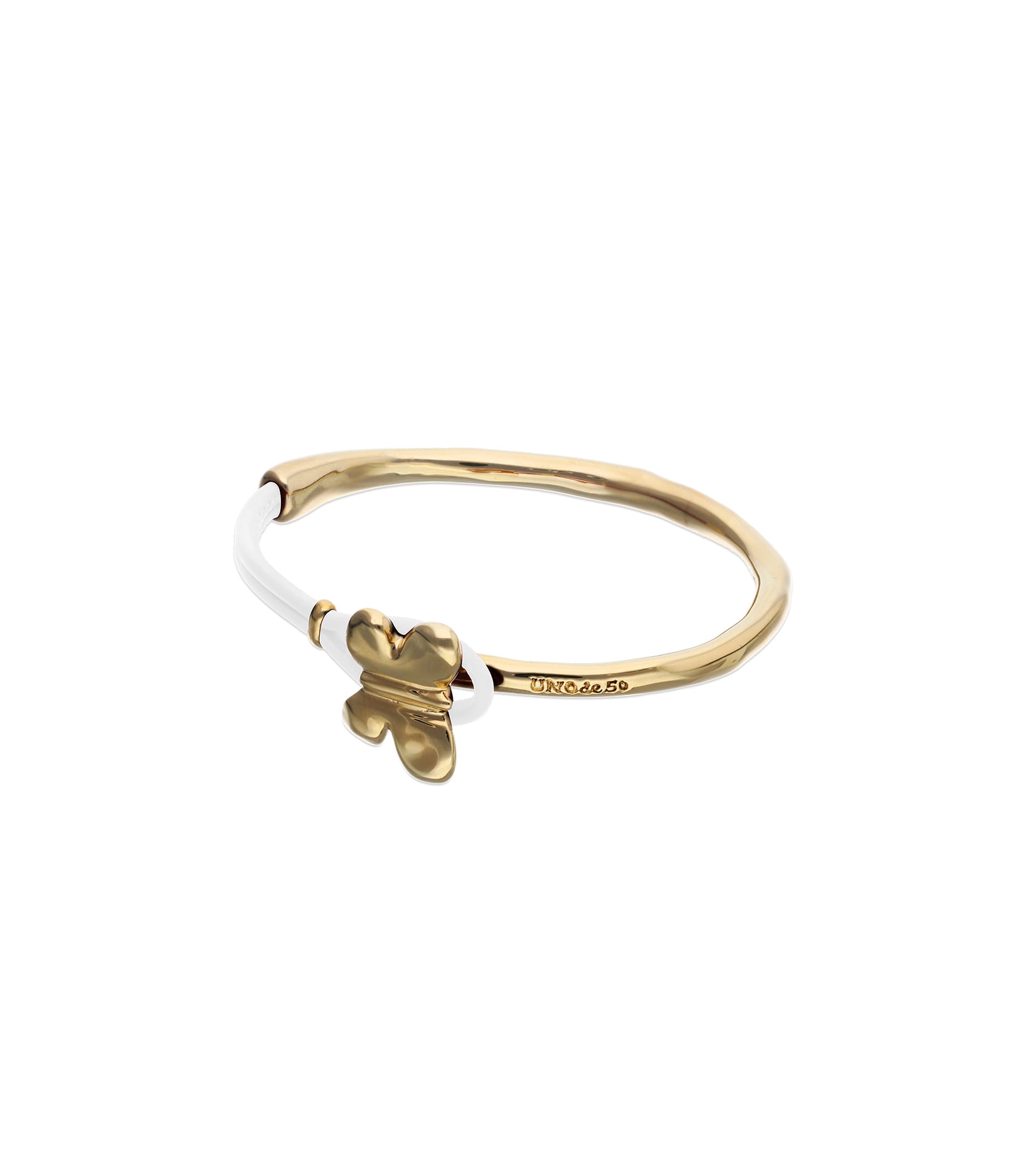 Pulsera combinada en cuero crema y oro 18k con adorno de mariposa