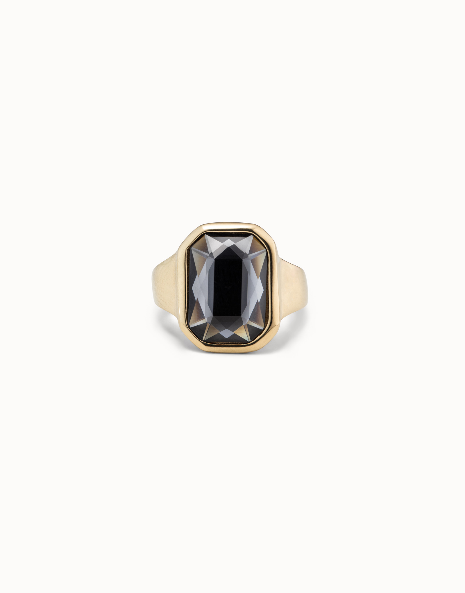 18K gold-plated ring with central hexagonal case and dark gray crystal, Golden, large image number null