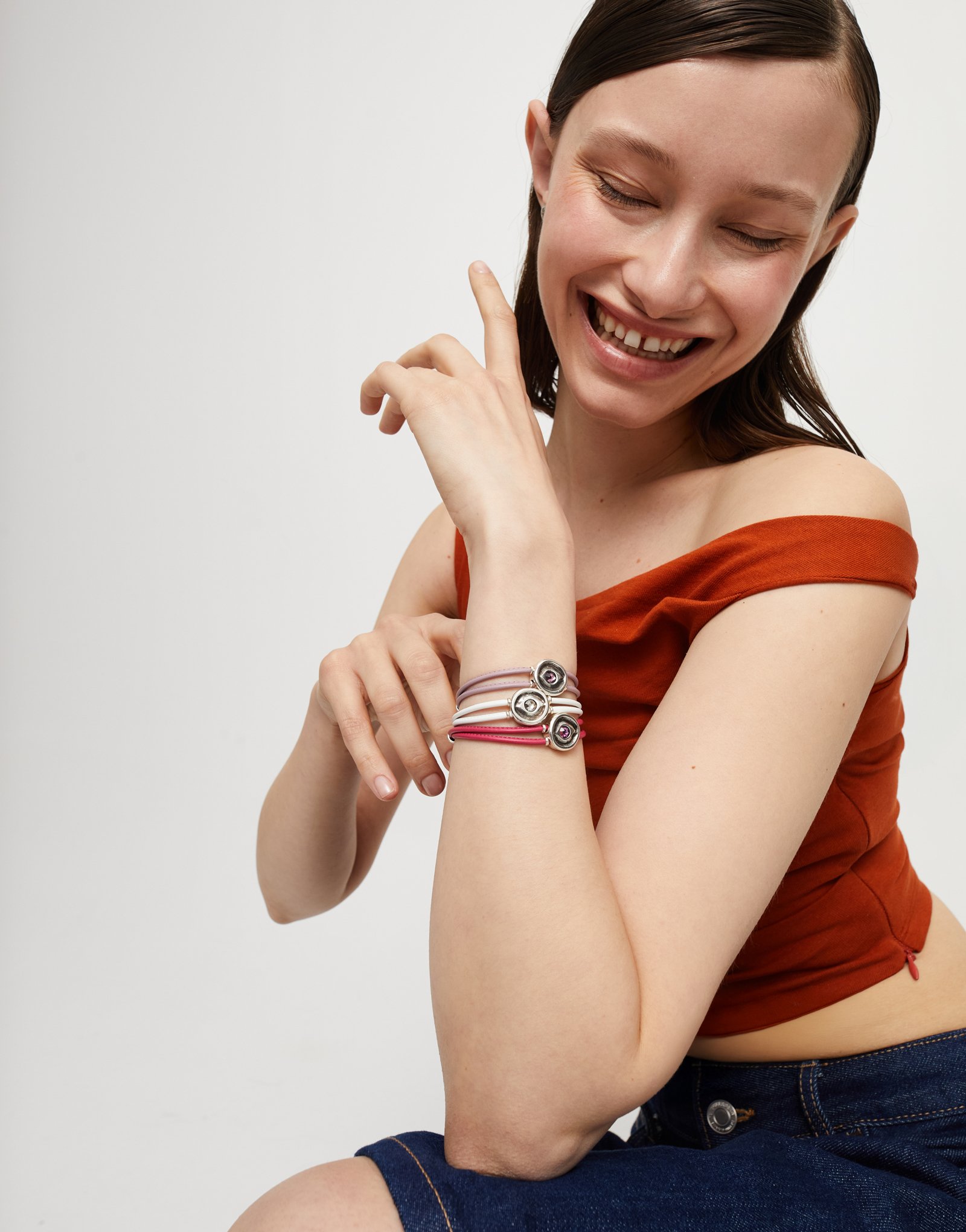 Double pink leather birthstone bracelet with eye, Silver, large thumbnail