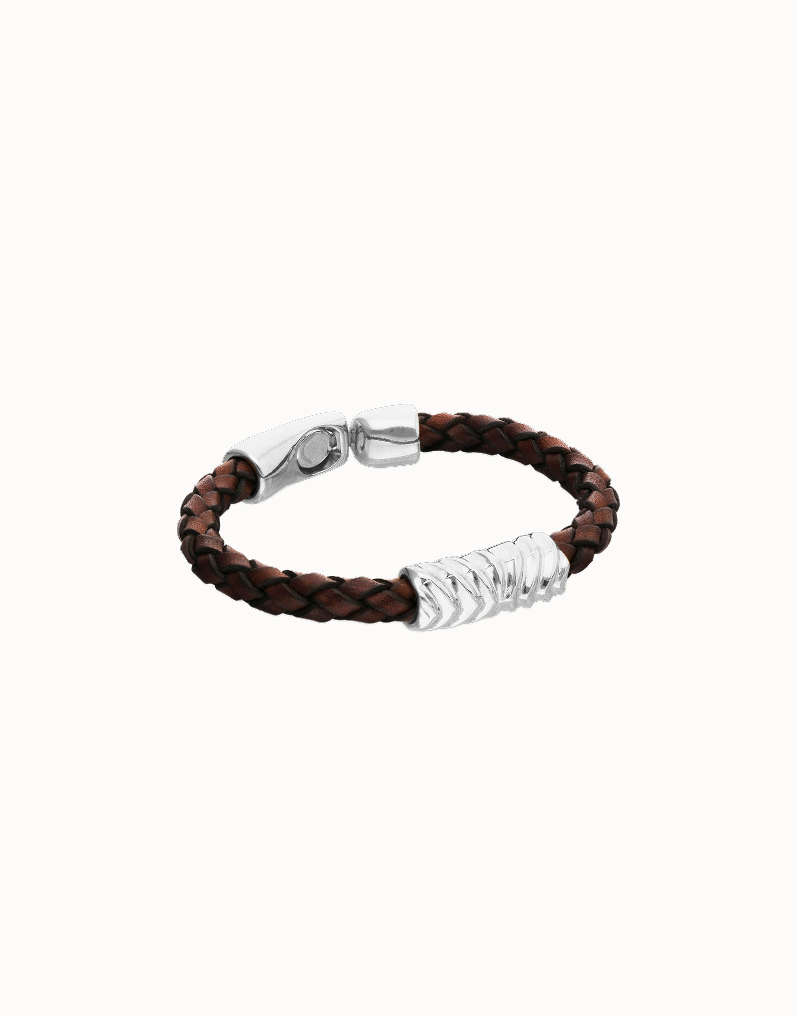 Brown braided leather bracelet with a metal detail, Silver, large thumbnail