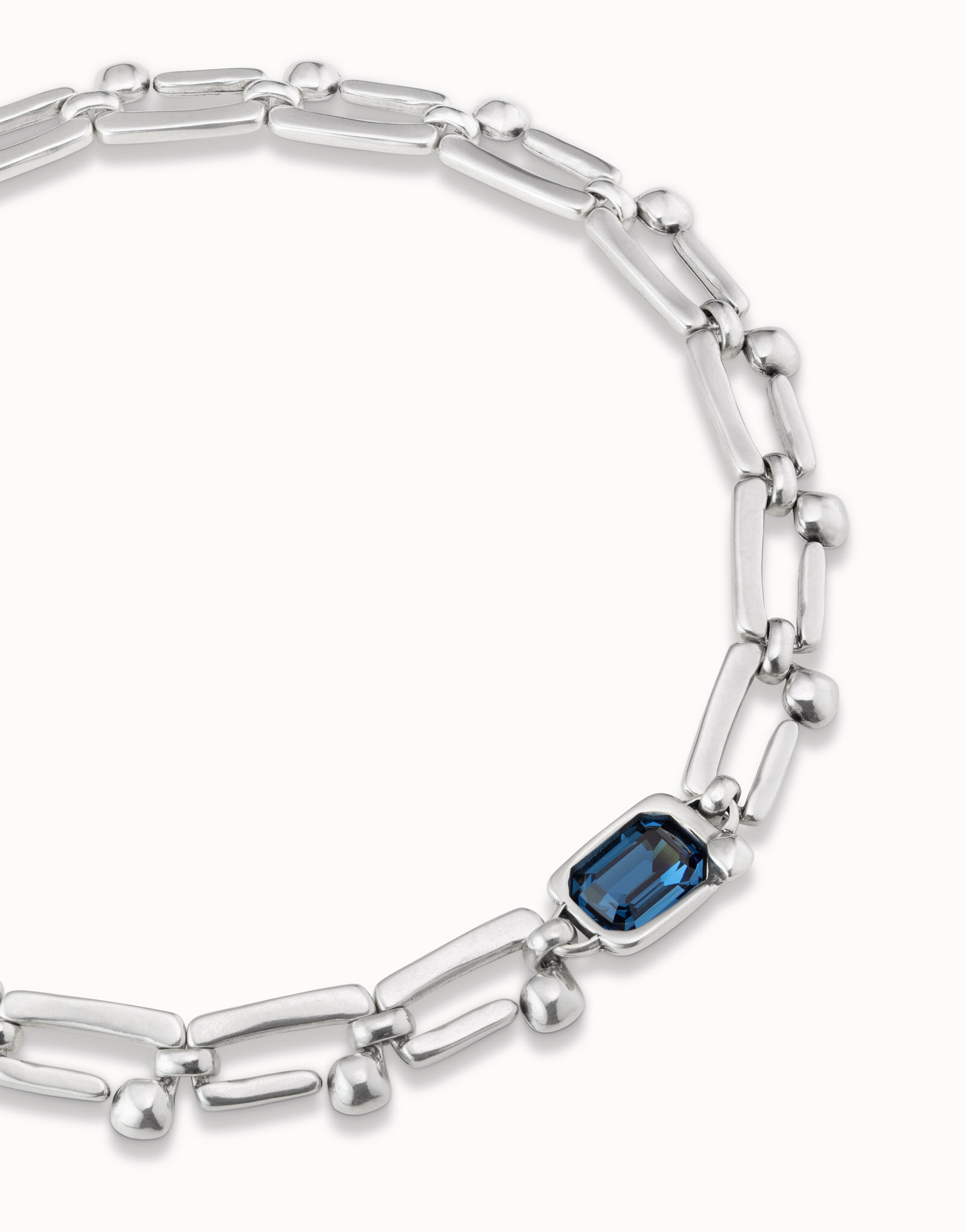 Sterling silver-plated short necklace with rectangular nail shaped links and blue crystal, Silver, large image number null