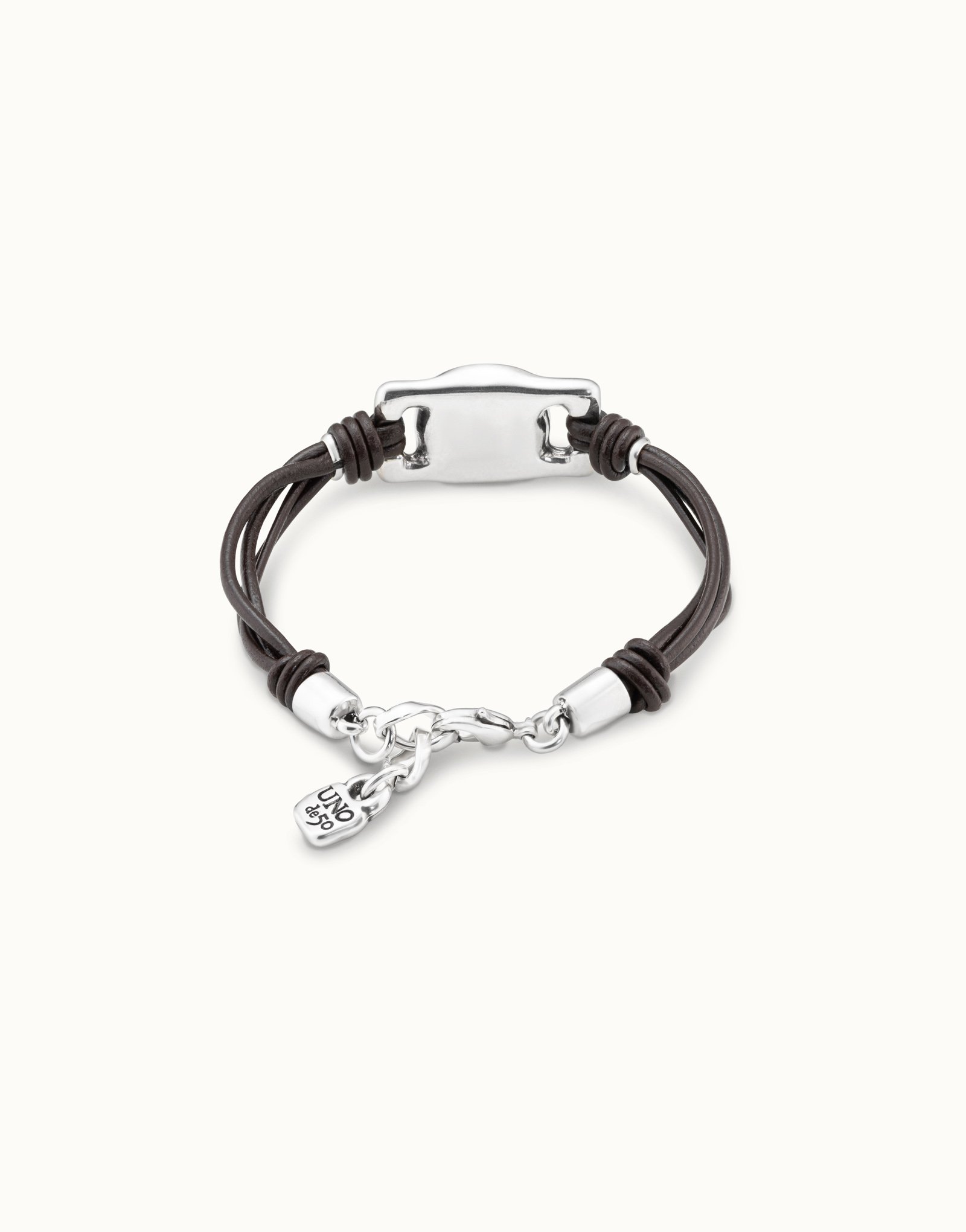 Brown leather sterling silver-plated bracelet with rectangular bead and pearl, Silver, large image number null