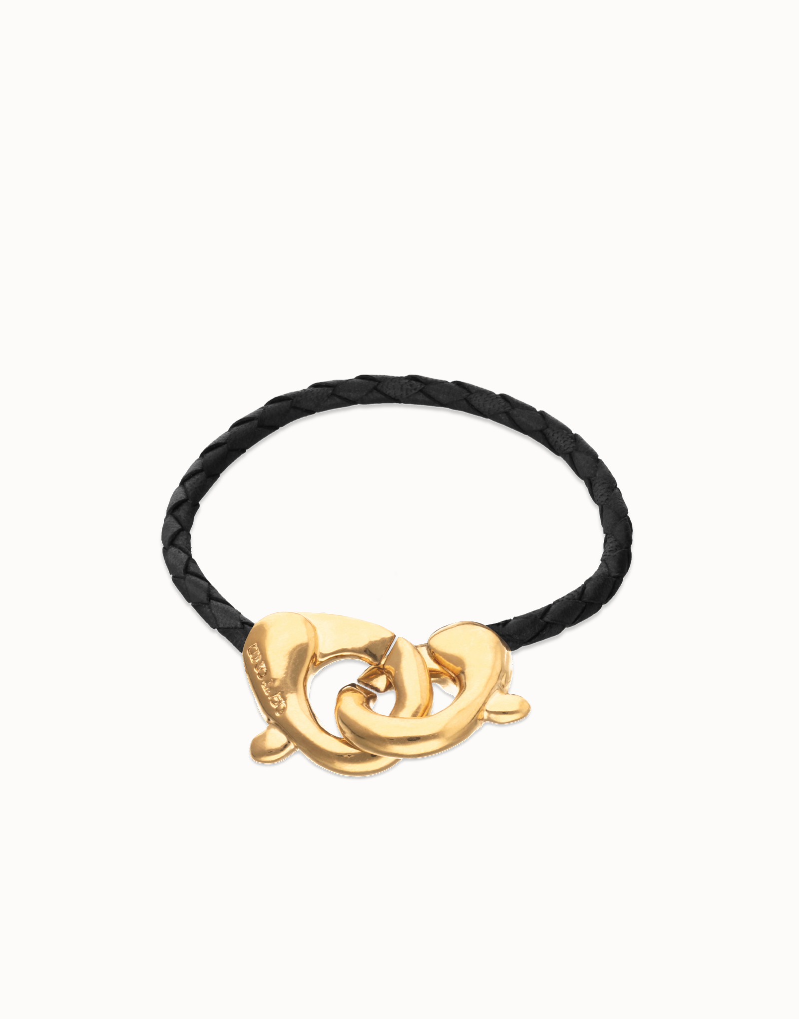 Pulsera de cuero negro con mosquetón entrelazado, Dorado, large thumbnail