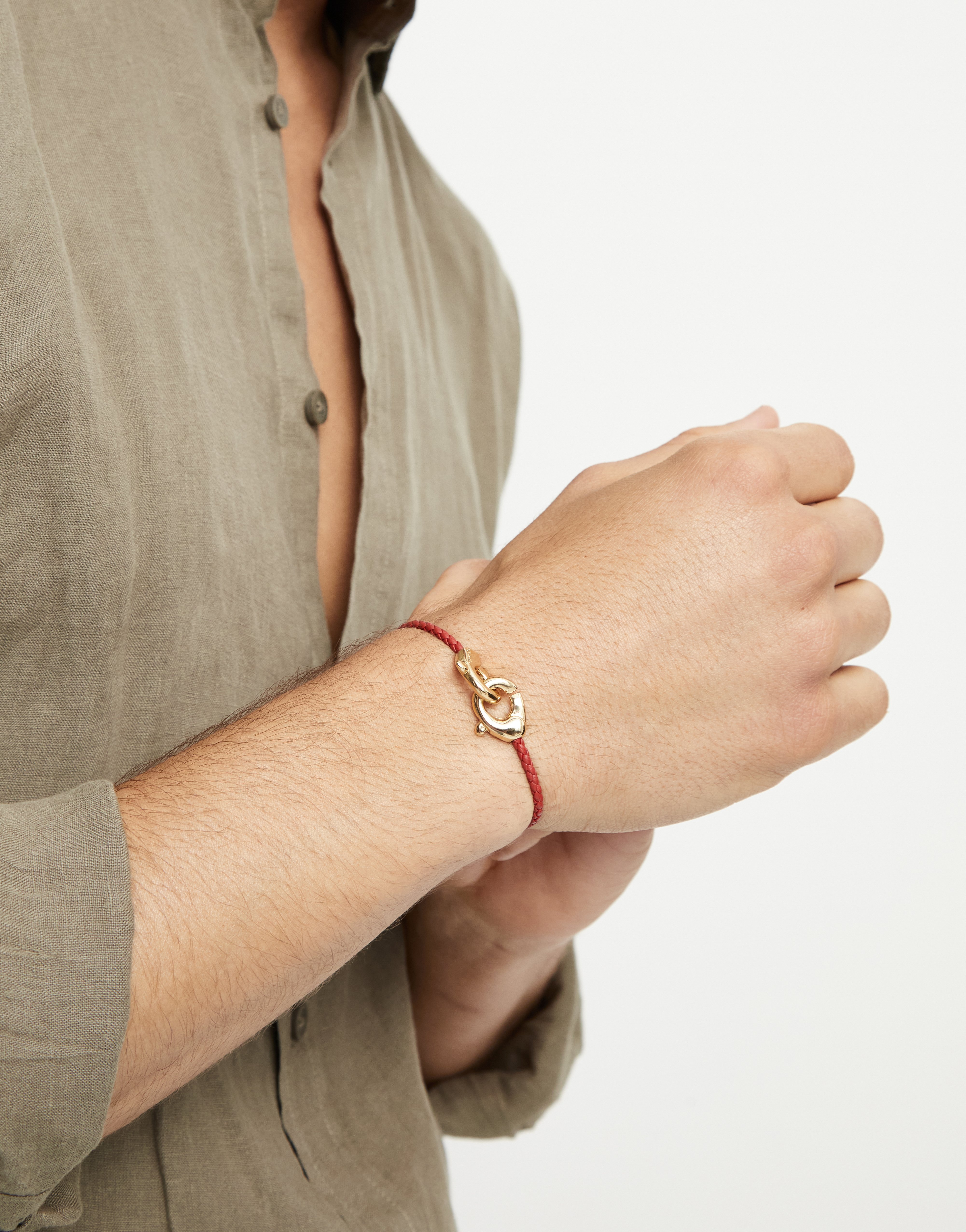 Red leather bracelet with interlocking carabiner, Golden, large thumbnail