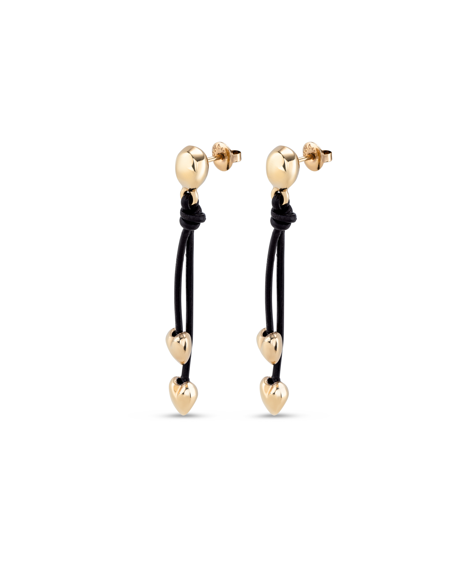 Earrings with leather chain pendant and two small 18K gold-plated hearts, Golden, large image number null