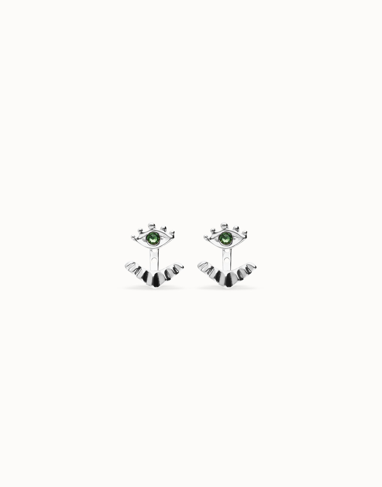 Pendientes bañados en plata en forma de ojo con pestañas y cristal facetado verde, Plateado, large thumbnail