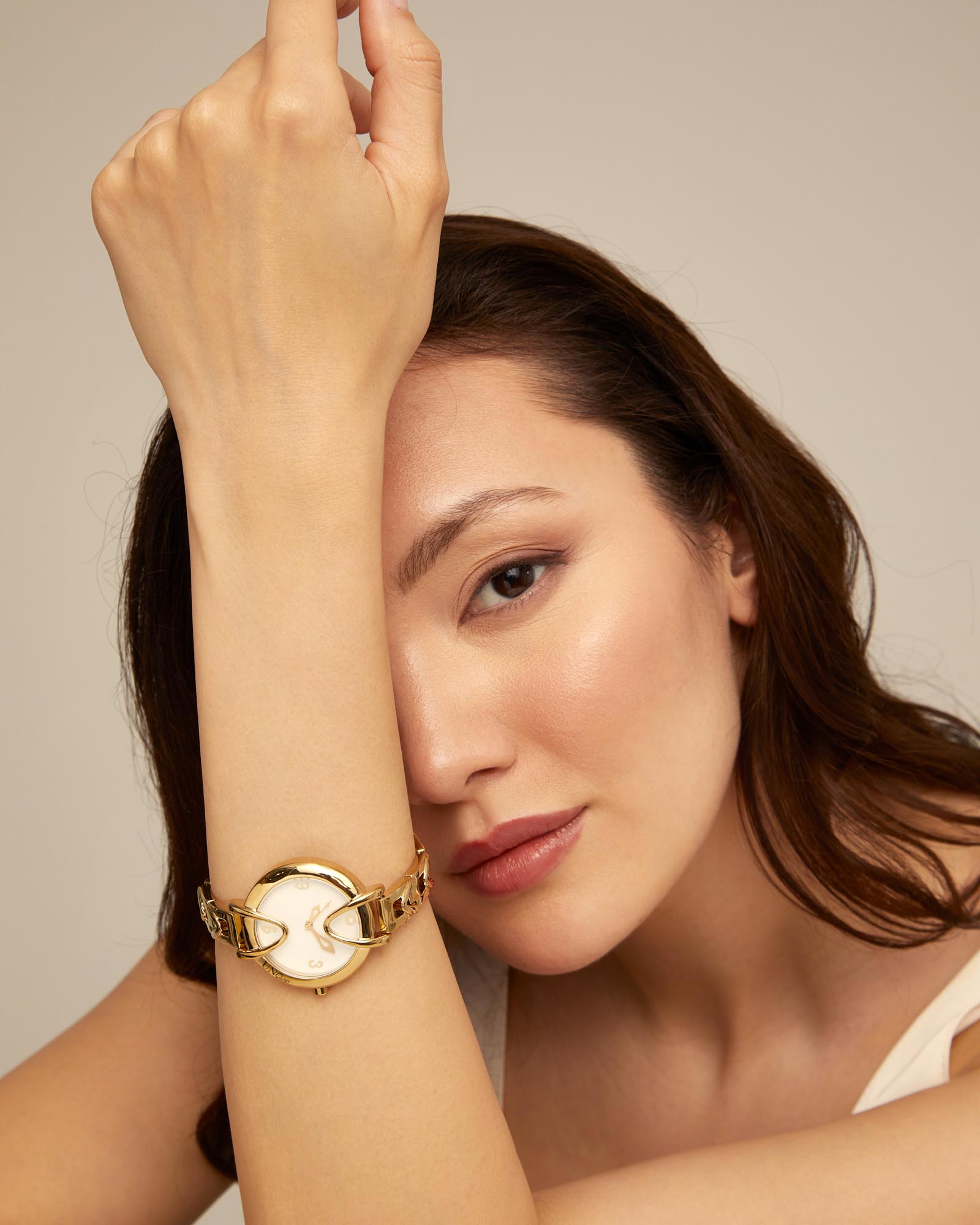 18K gold-plated watch with metal strap and round white dial, Golden, large image number null