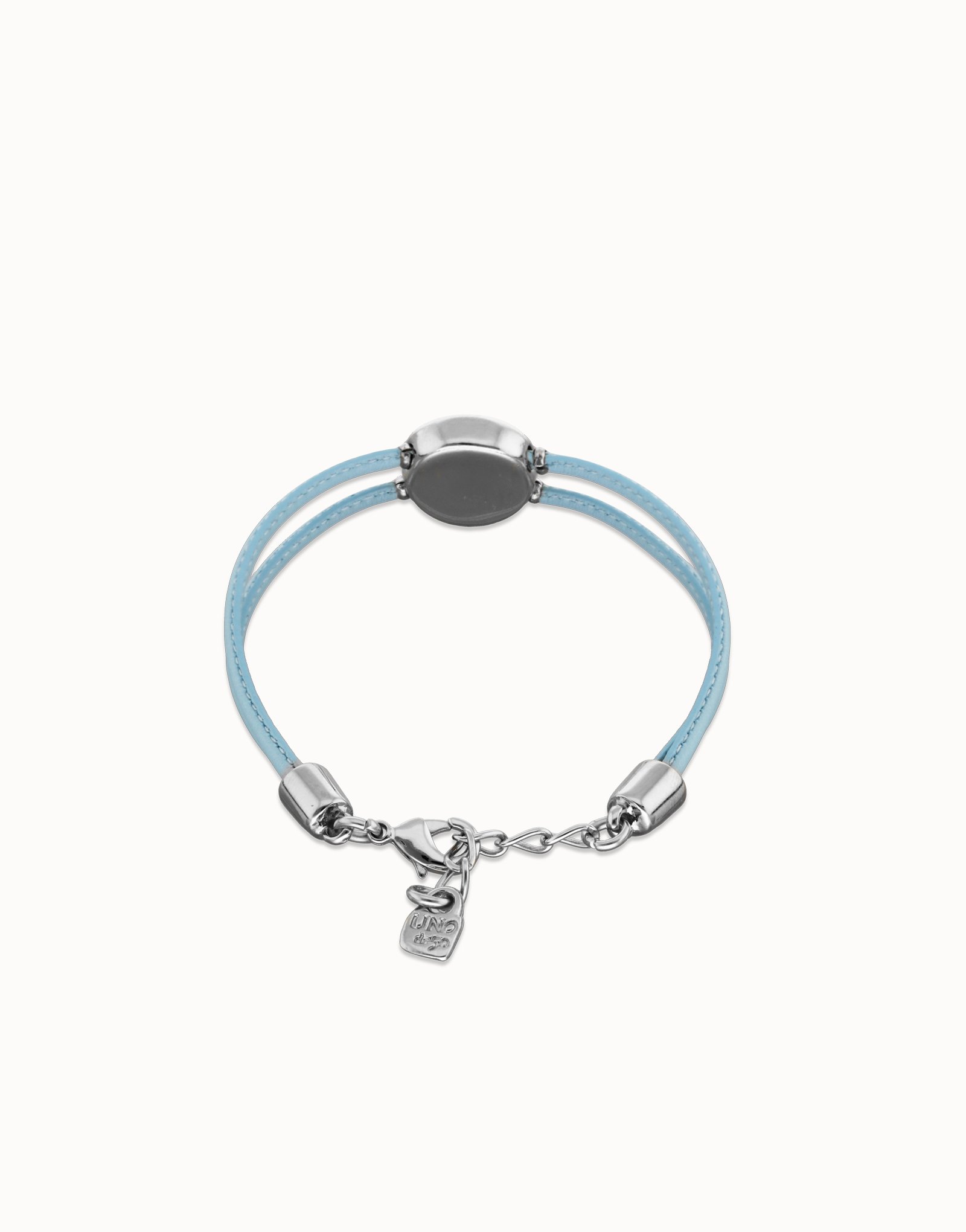 Pulsera doble de cuero celeste con ojo bañado en plata de ley, Plateado, large thumbnail