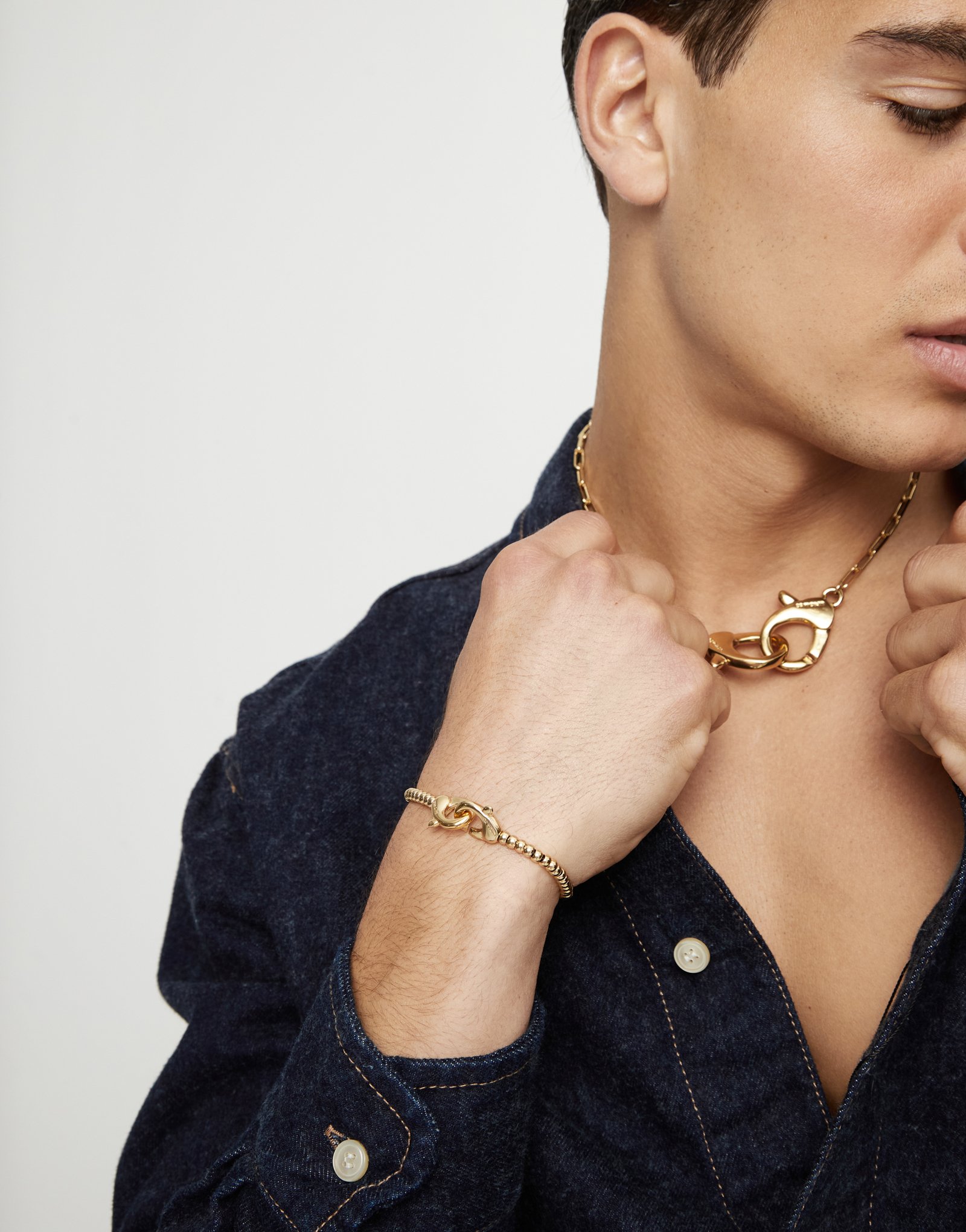 Small beads bracelet with interlocking carabiner, Golden, large thumbnail