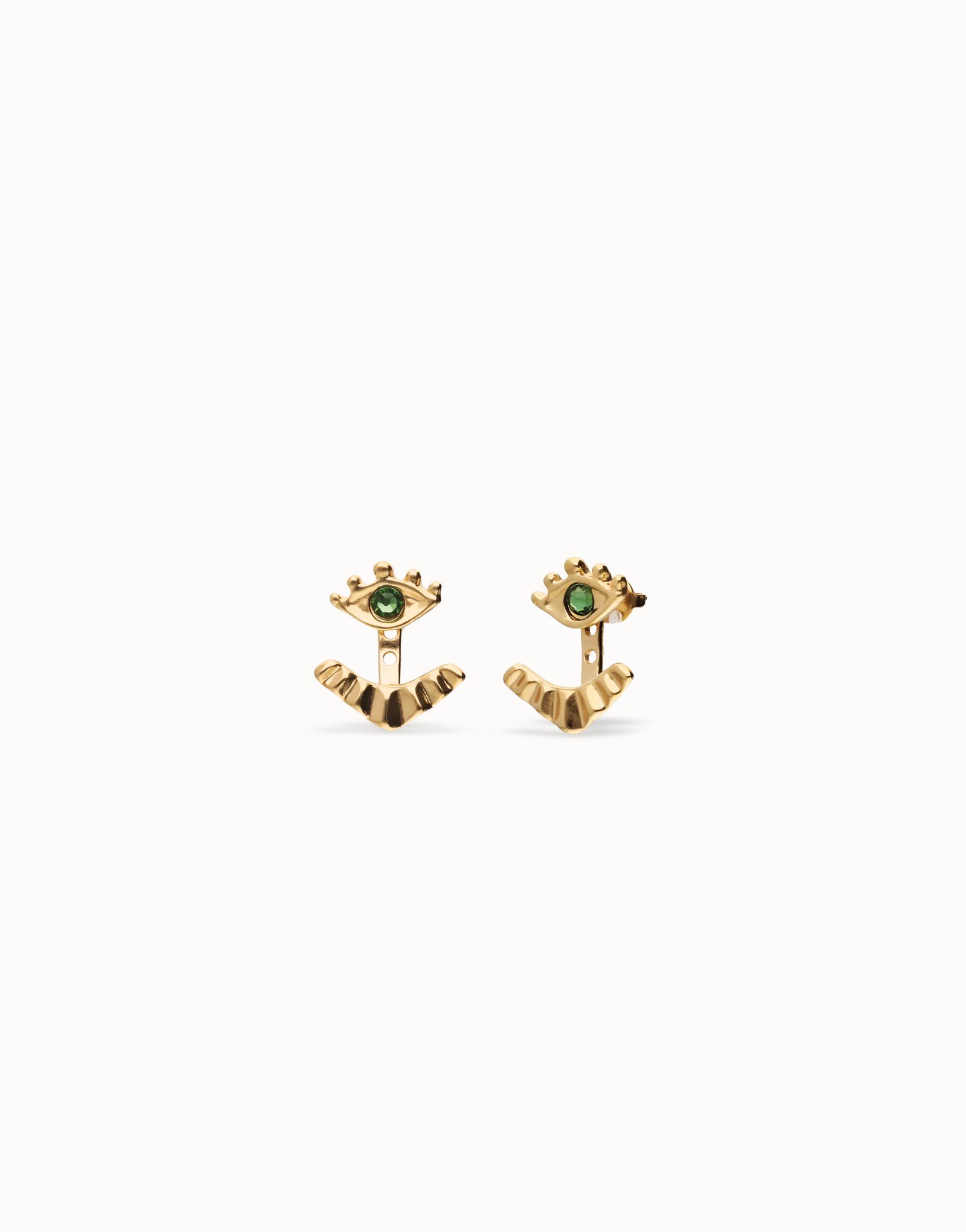 Pendientes bañados en oro 18k en forma de ojo con pestañas y cristal facetado verde, Dorado, large thumbnail