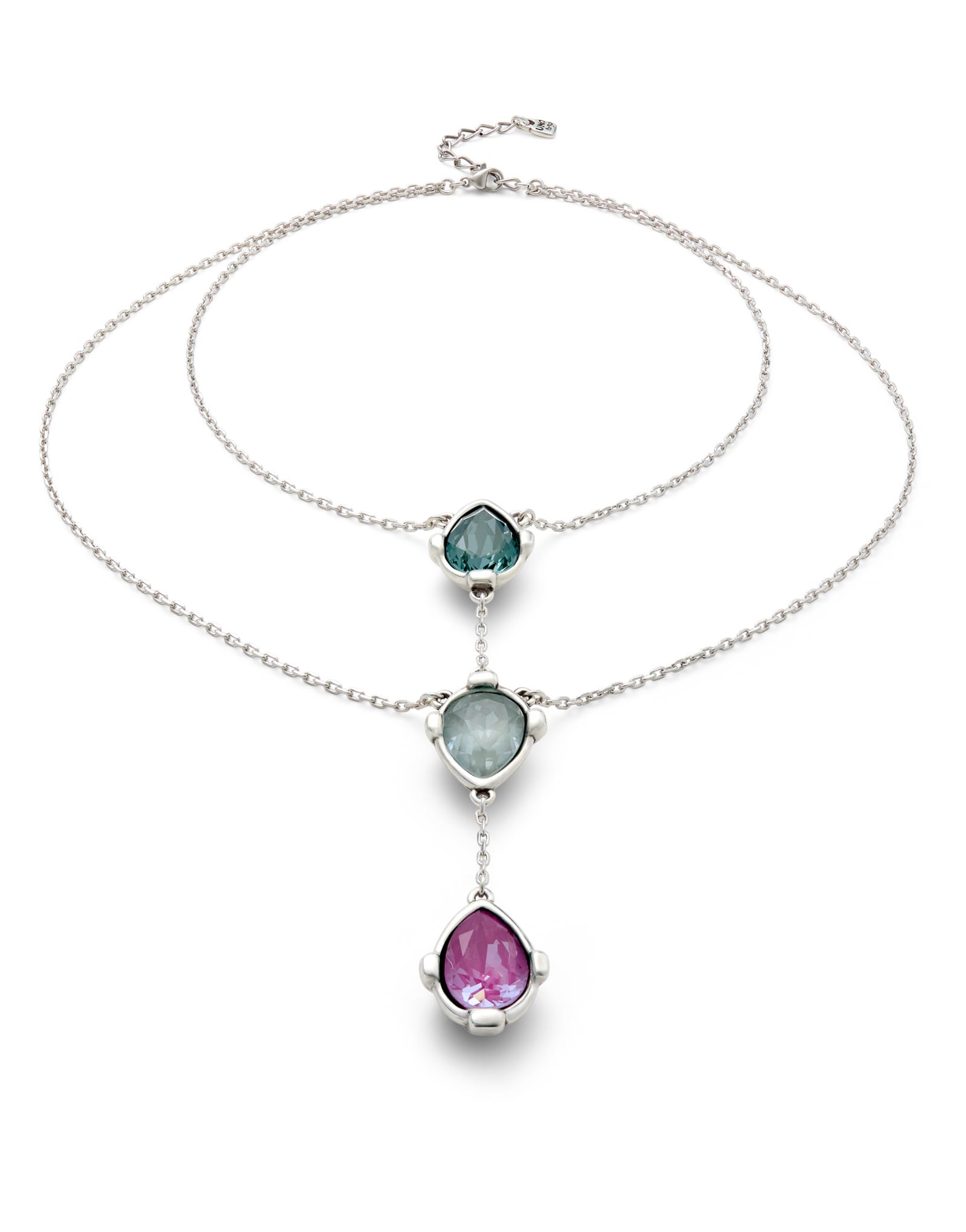 Double necklace with three drop-shaped pendants featuring multicoloured faceted crystals