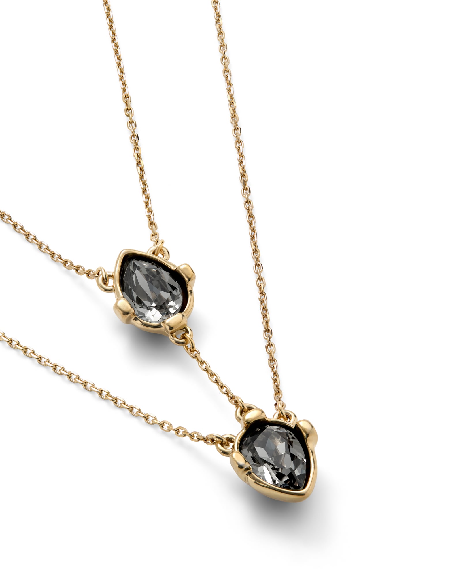 Double necklace with two drop-shaped pendants featuring grey faceted crystals
