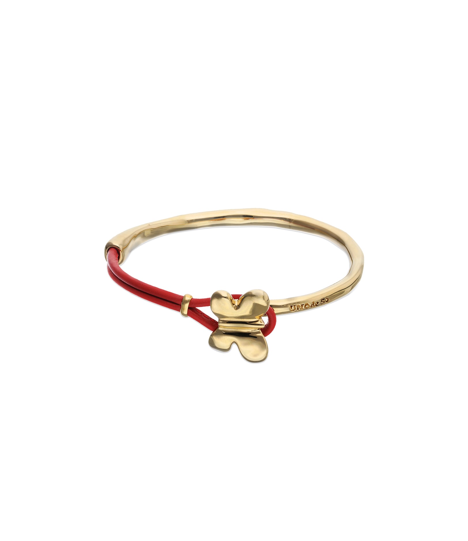 Pulsera combinada en cuero rojo y oro 18k con adorno de mariposa