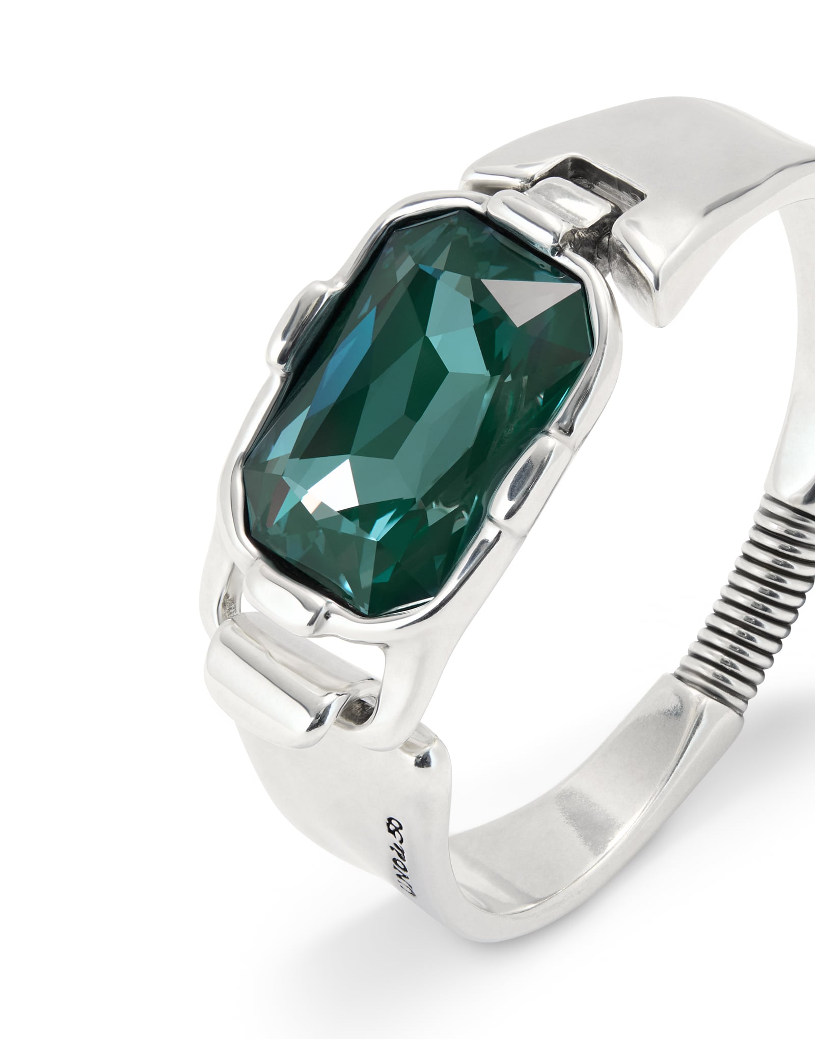Rigid bracelet with a rectangular green faceted crystal