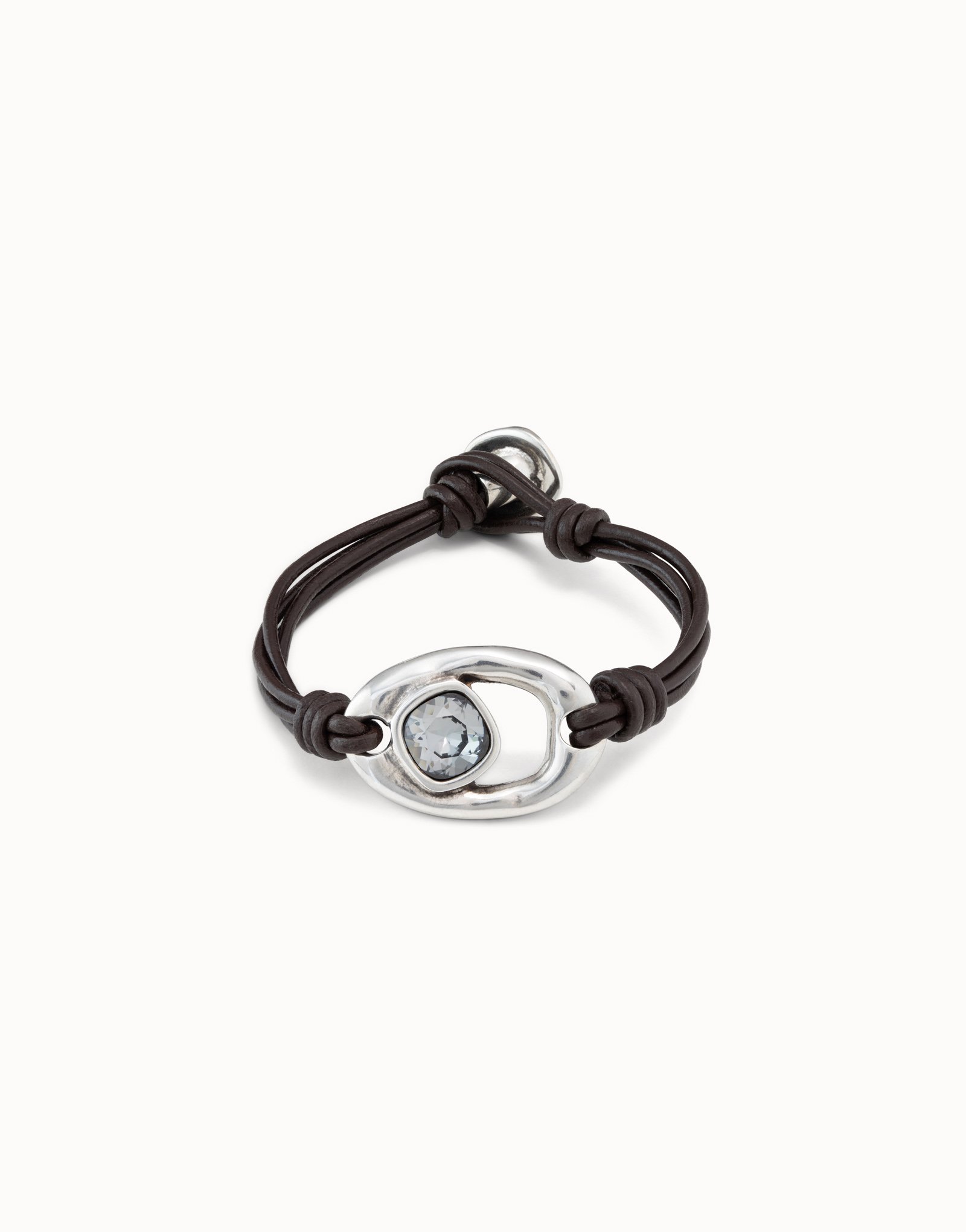 Bracciale 4 strisce di cuoio con ovale placcato argento Sterling e cristallo, Argent, large image number null