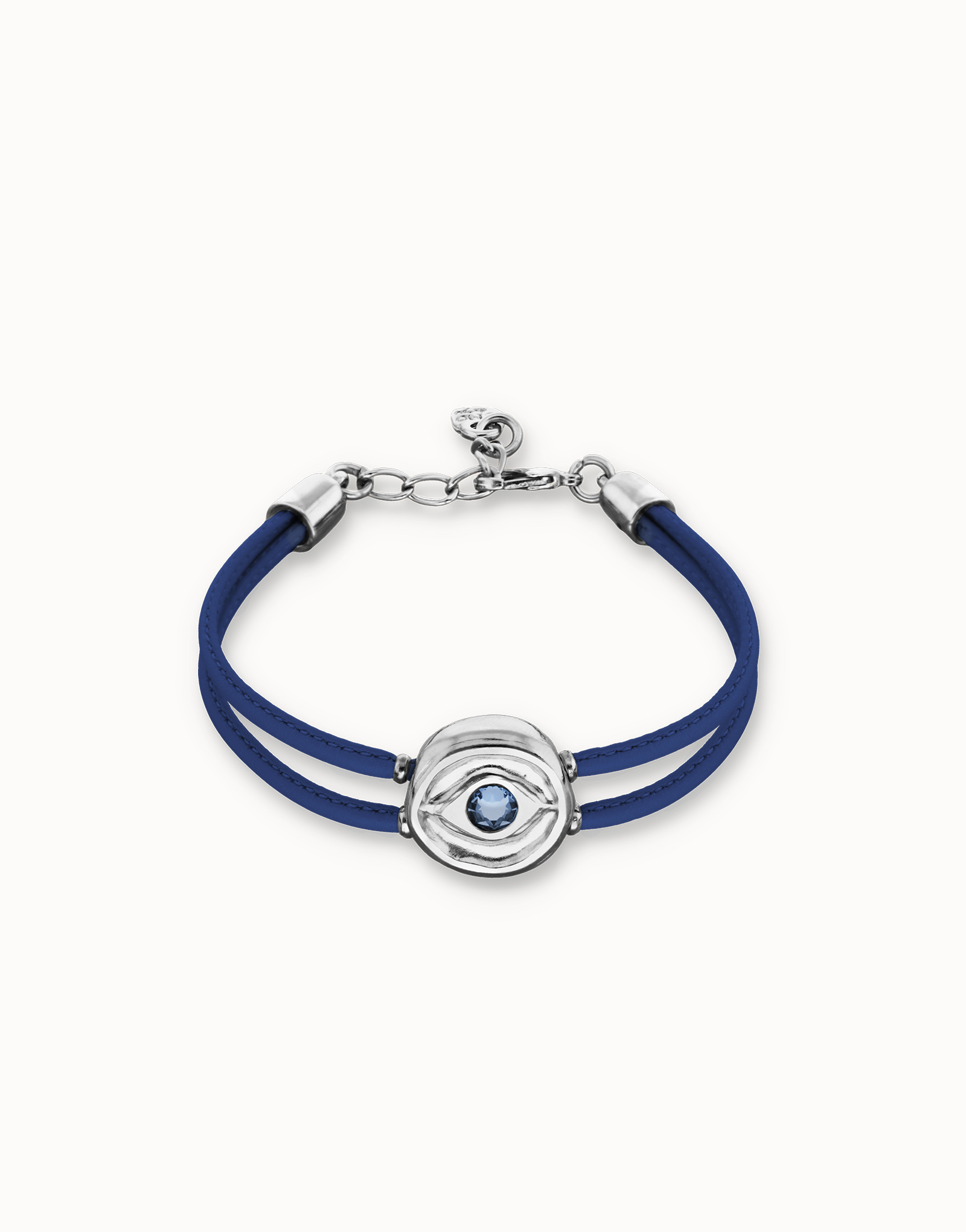 Pulsera doble de cuero azul con ojo bañado en plata de ley, Plateado, large thumbnail