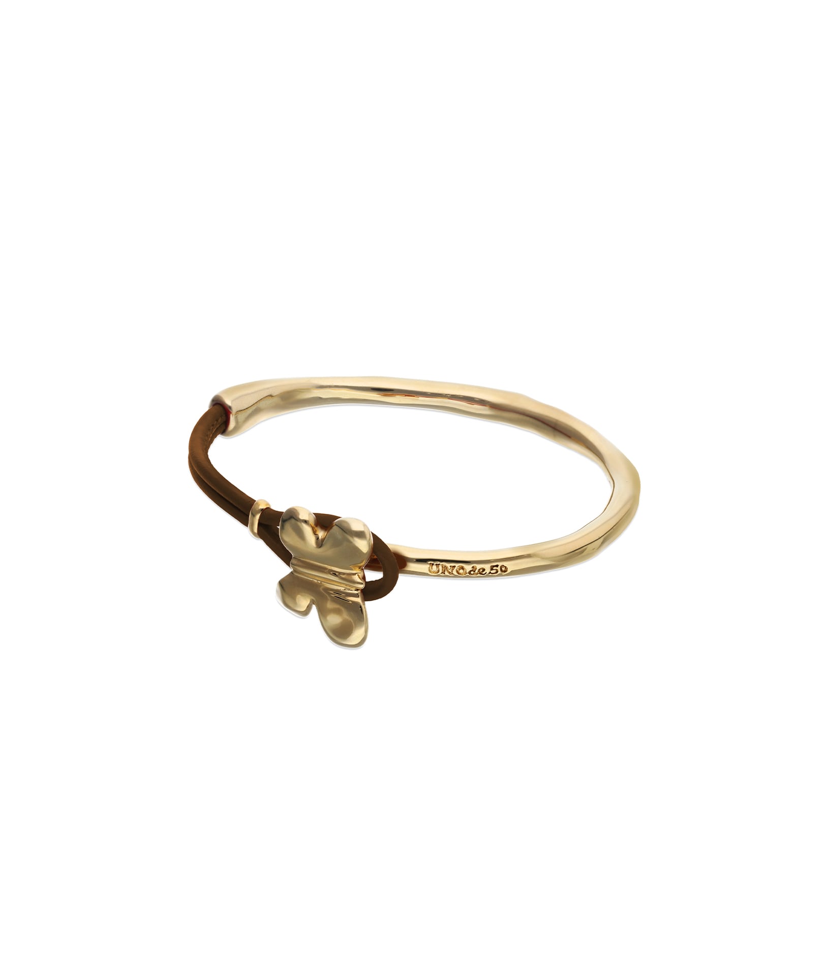 Pulsera combinada en cuero marr&oacute;n y oro 18k con adorno de mariposa